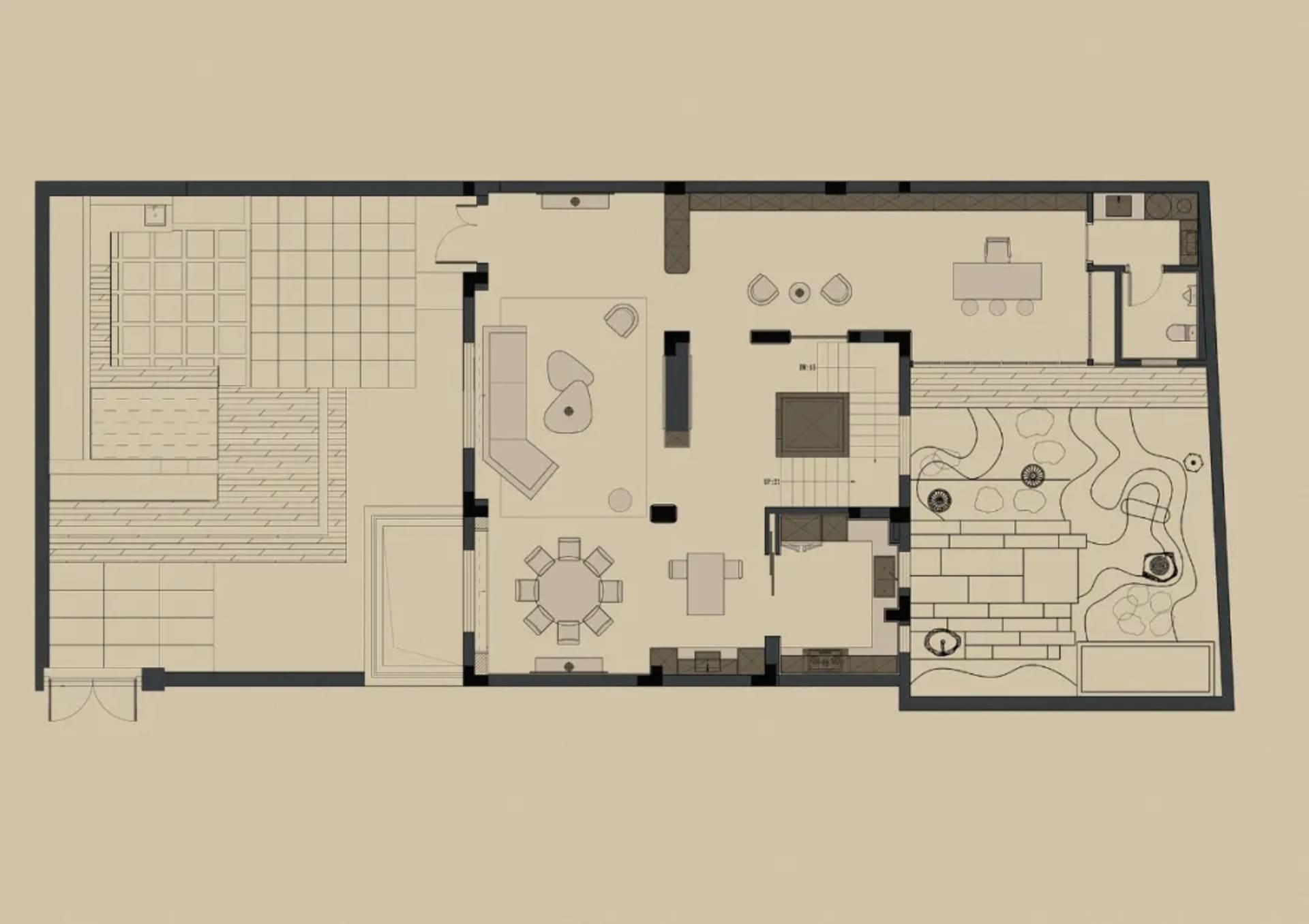 A modern apartment layout with a living room, kitchen, and bedroom.