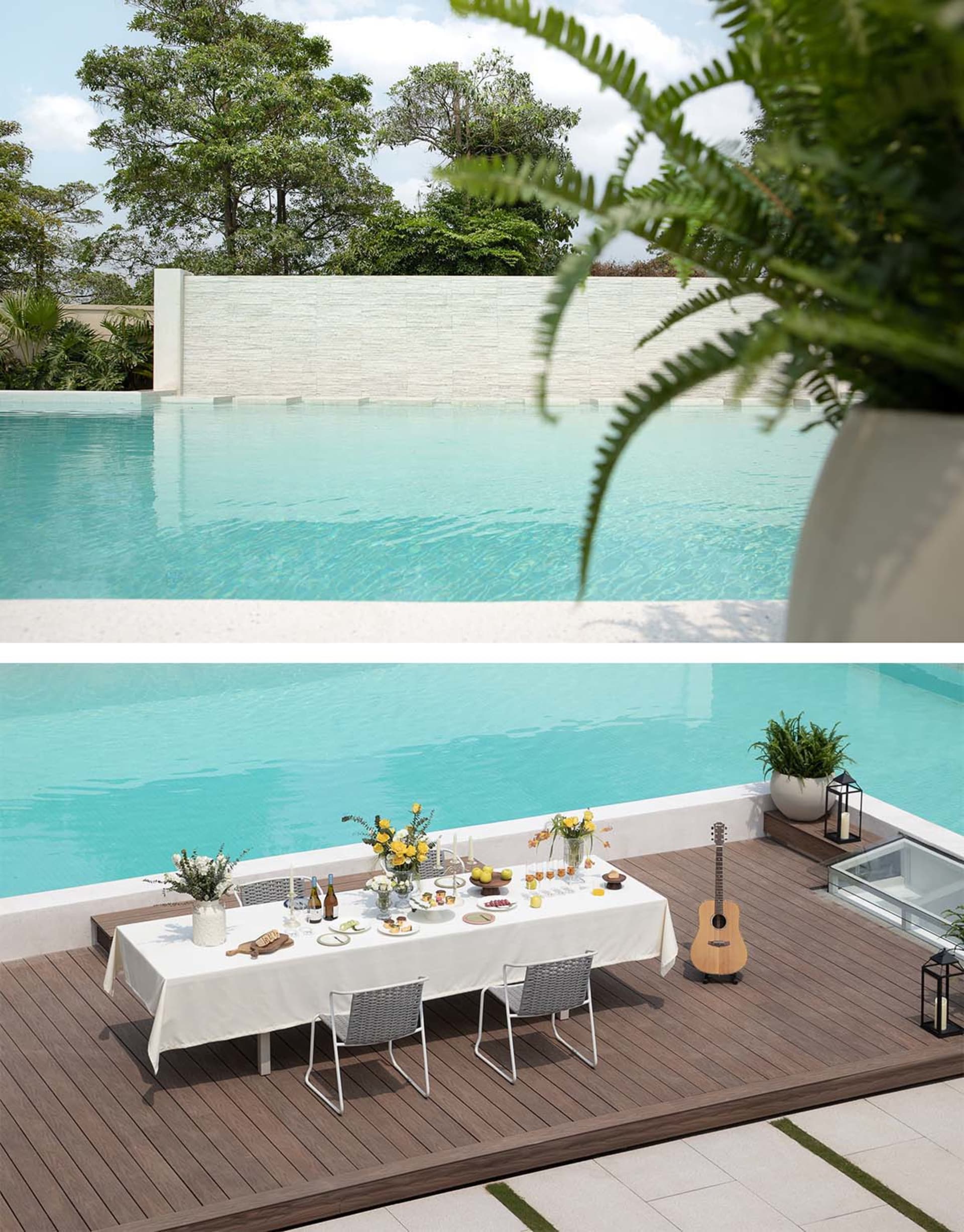 Outdoor setting featuring a modern garden with a swimming pool, wooden deck, and potted plants.