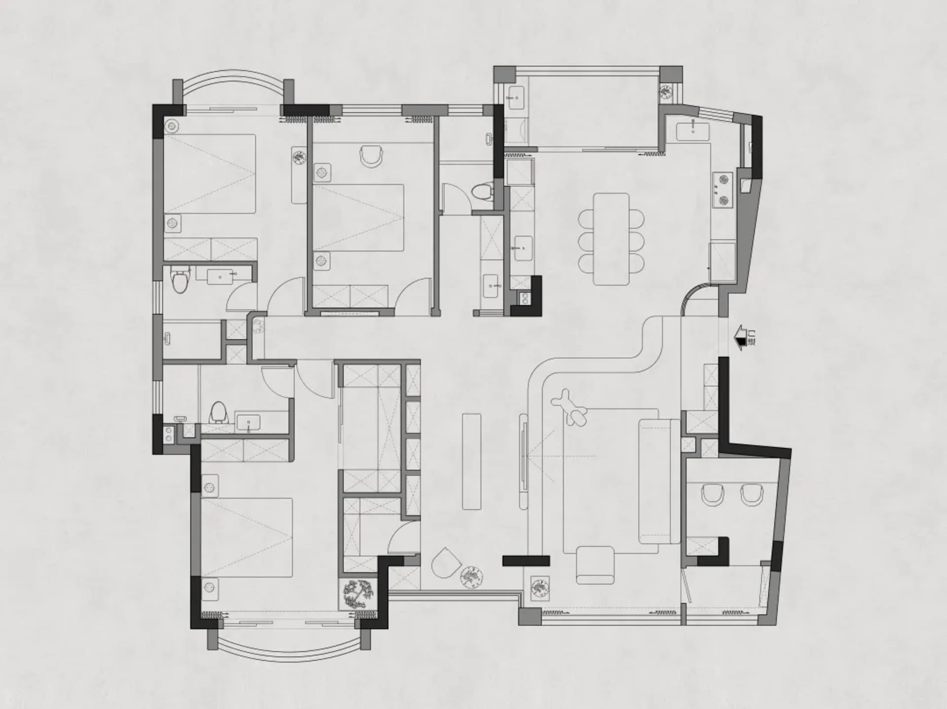 一張詳細的2D建築平面圖,展示客廳、餐廳、廚房、臥室與衛浴的配置