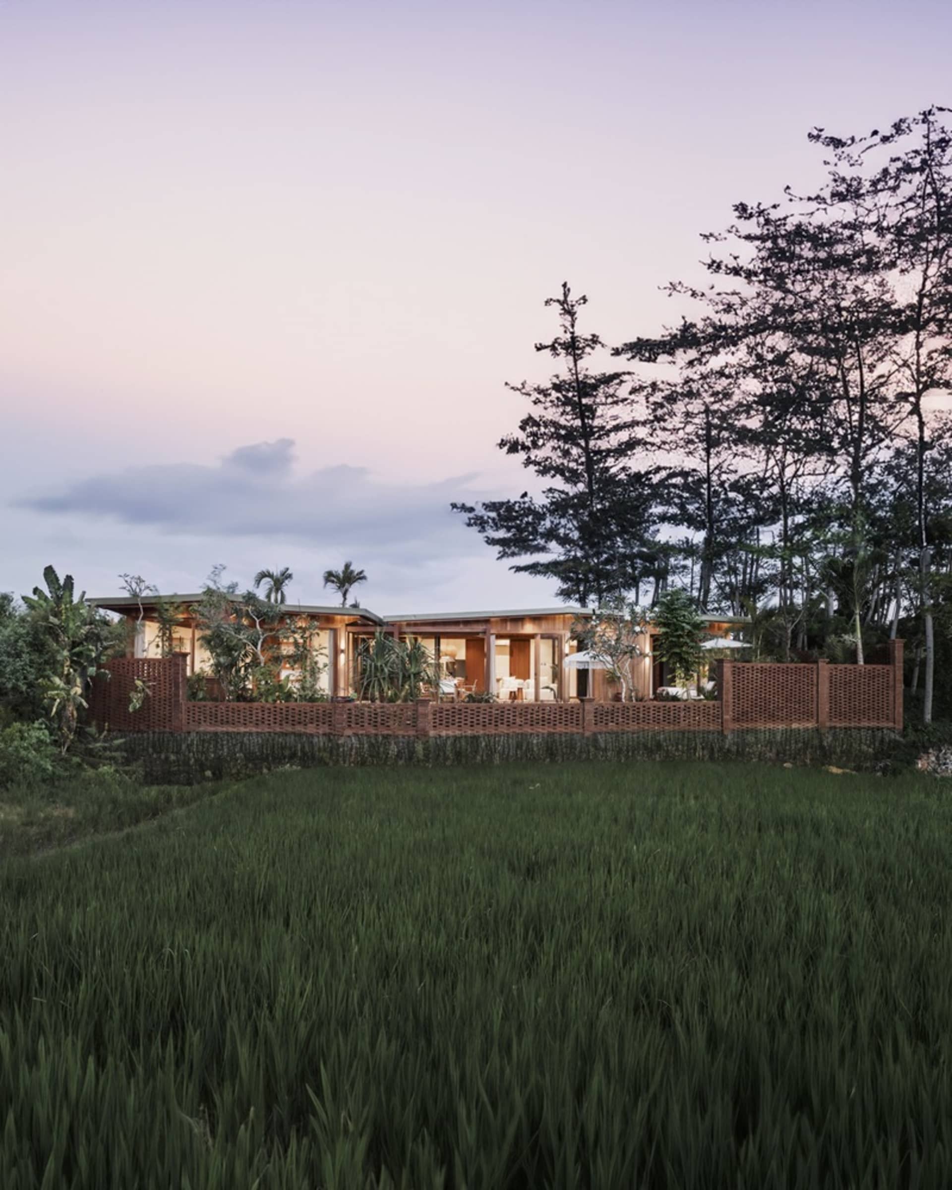 A modern house with a concrete exterior and wooden accents featuring a lush garden and swimming pool.