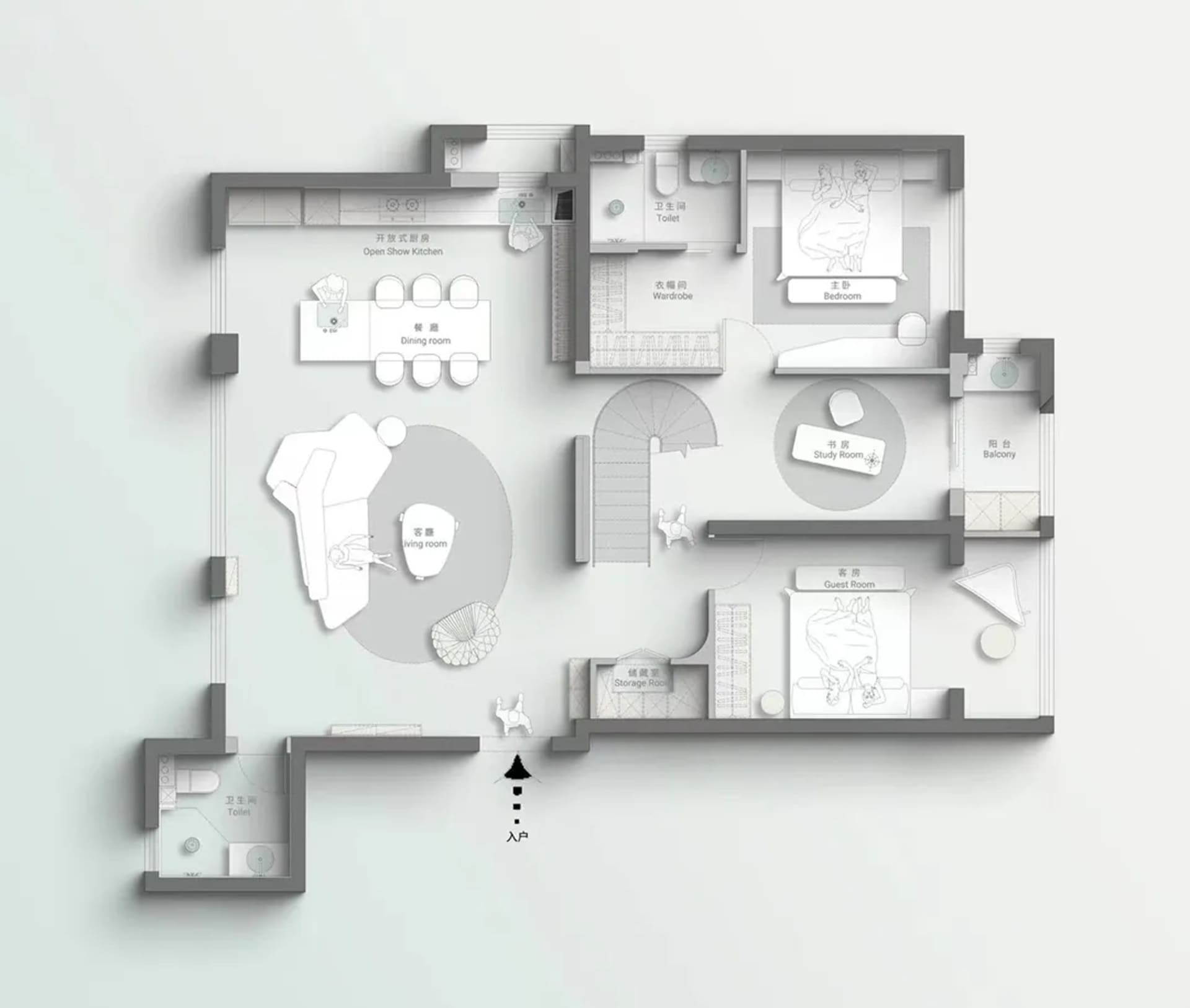 A detailed floor plan of a residential interior design, including rooms, furniture, and layout.