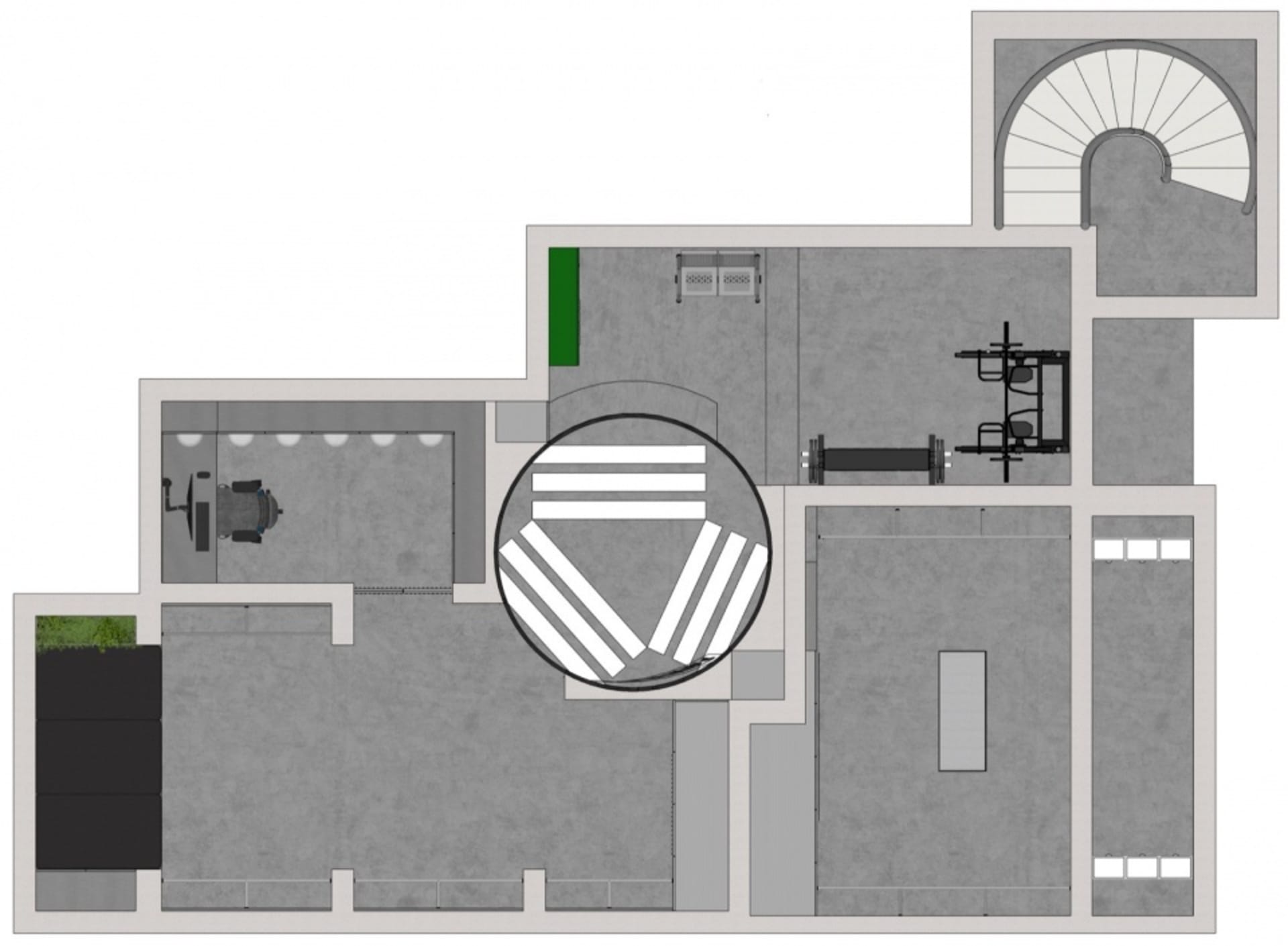 A detailed architectural floor plan of an industrial workspace featuring exposed concrete flooring.