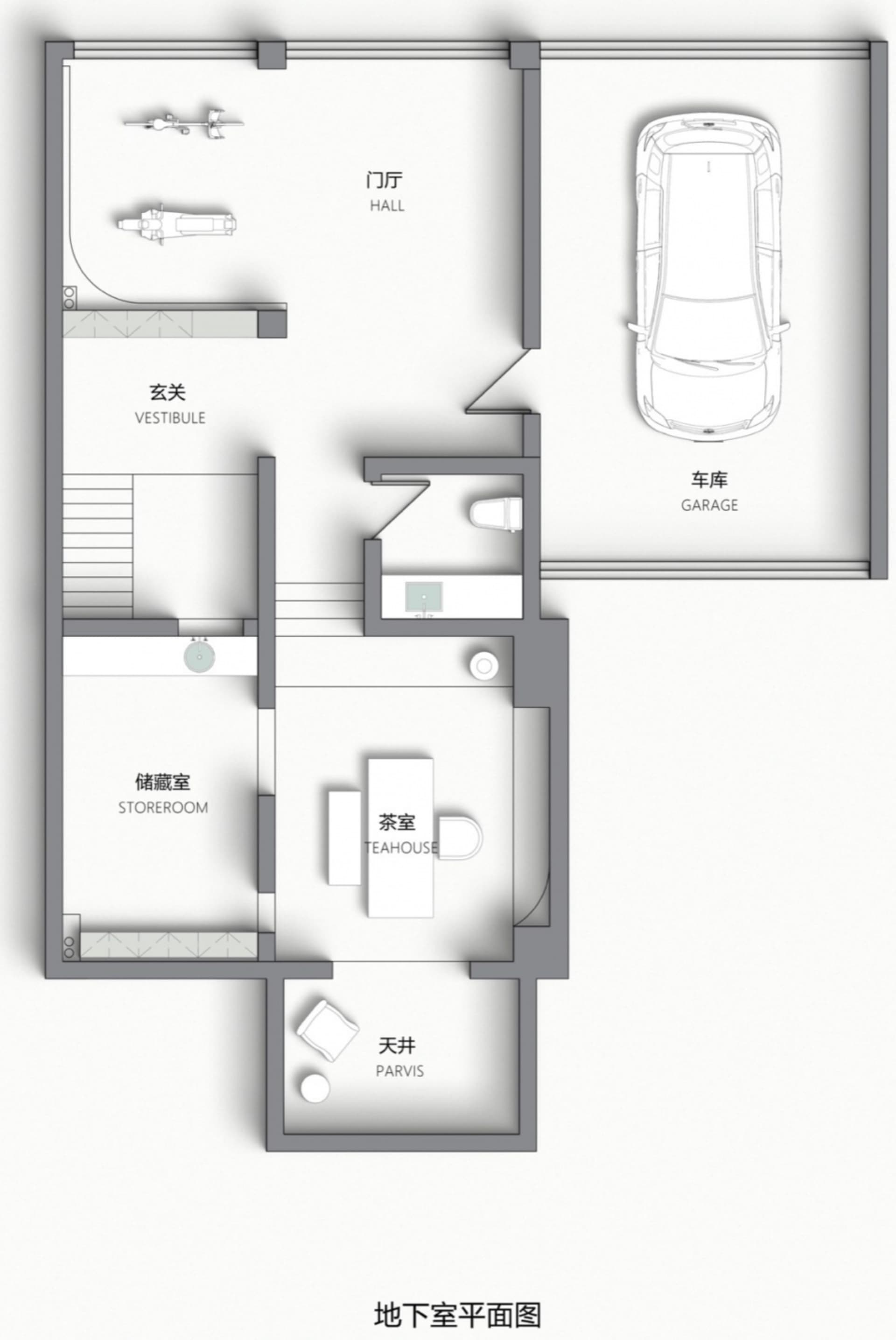 Floor plan of a modern home with a hall, storage room, and garage.