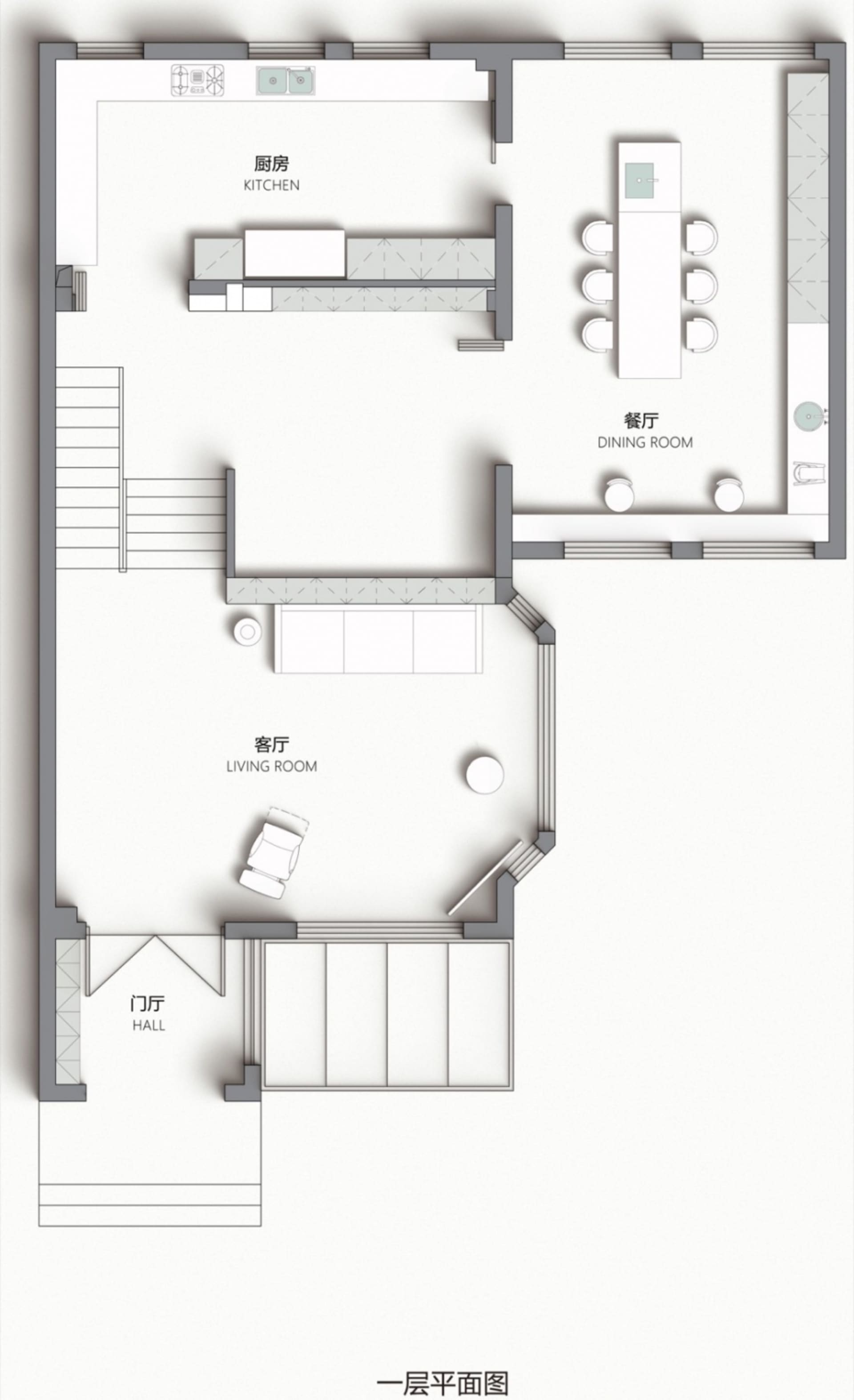 Modern living room layout featuring minimalist furniture and design elements, with a clean, uncluttered aesthetic.