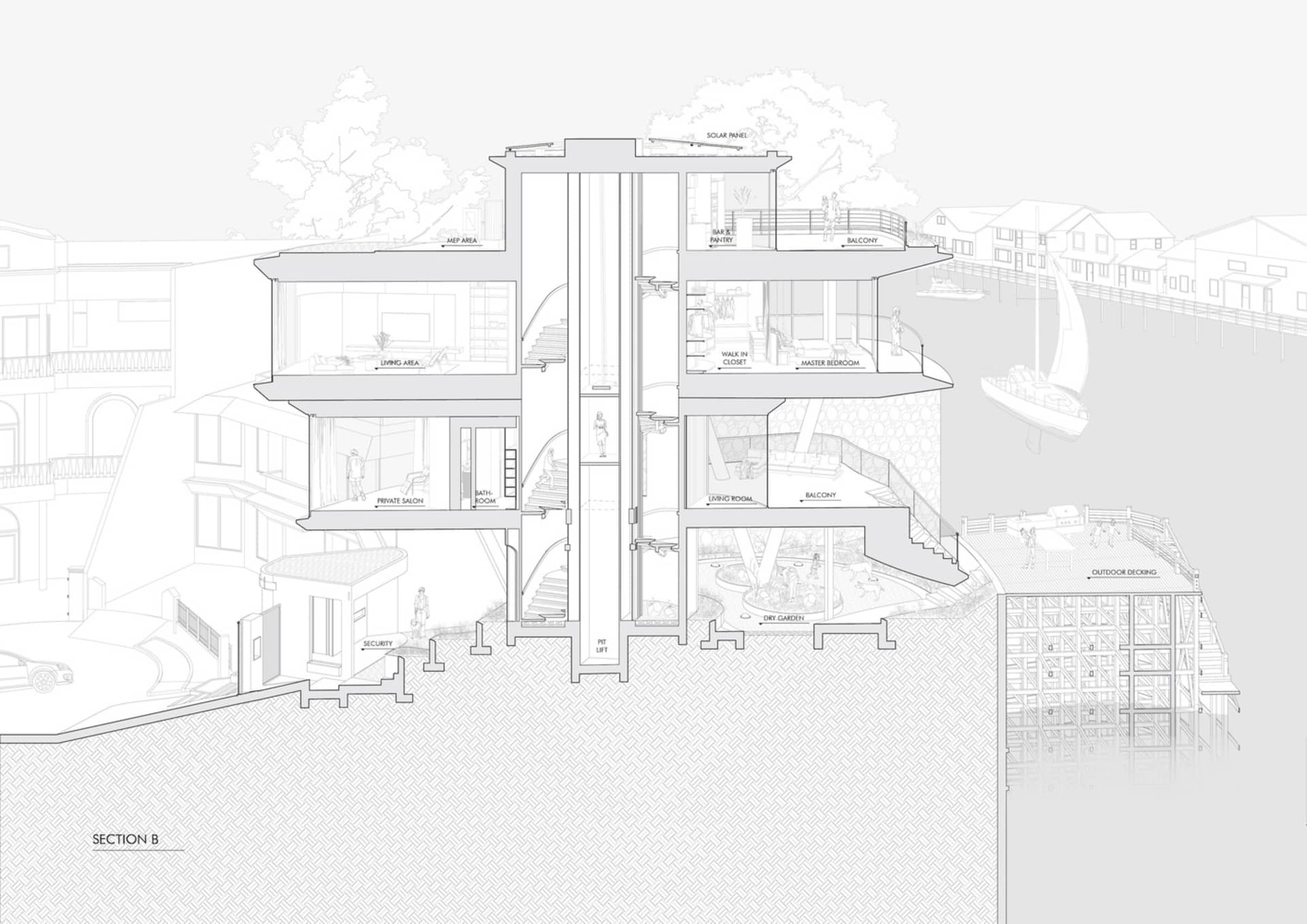 Cross-section diagram of a modern residential building featuring glass walls and a balcony.