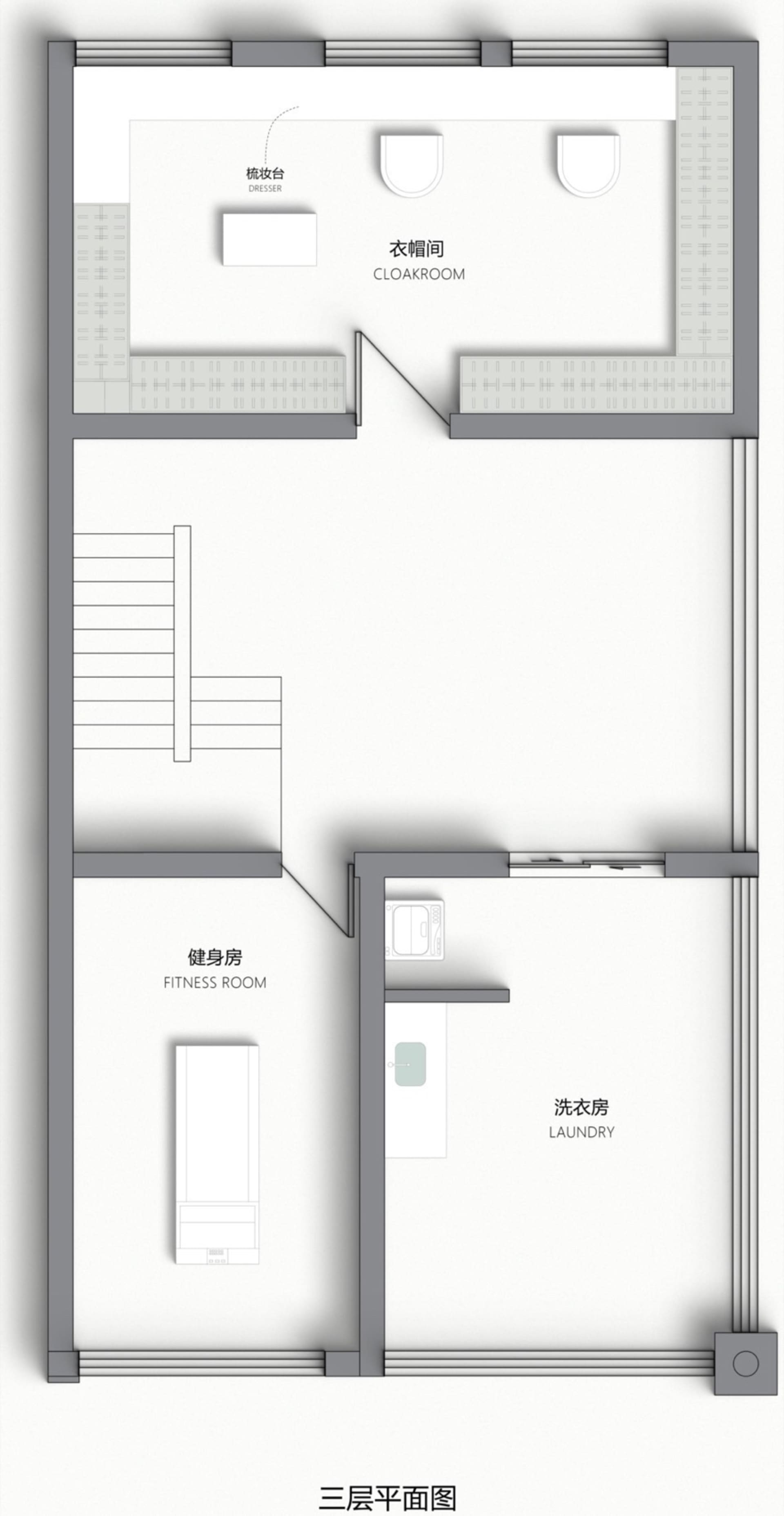 現代住宅室內的平面圖，採用白色表面。