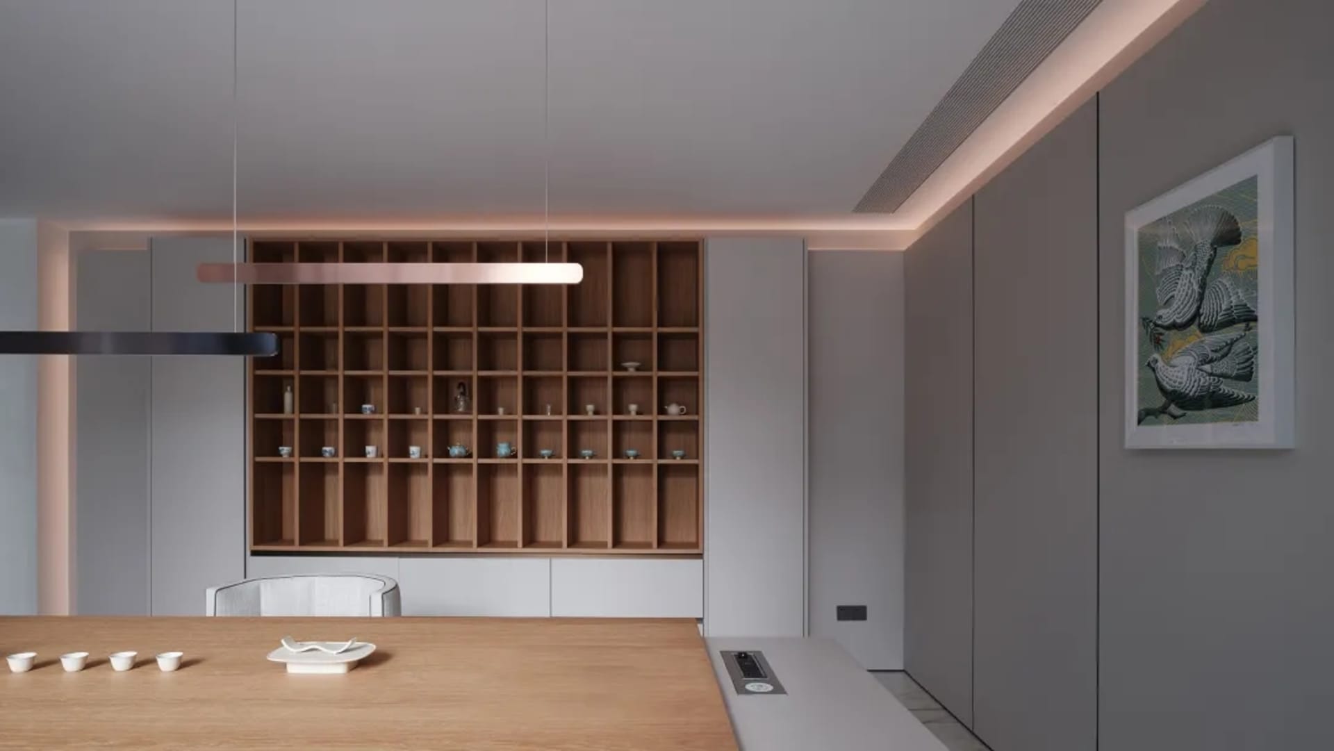 A modern, minimalist kitchen with wood finishes and clean lines.