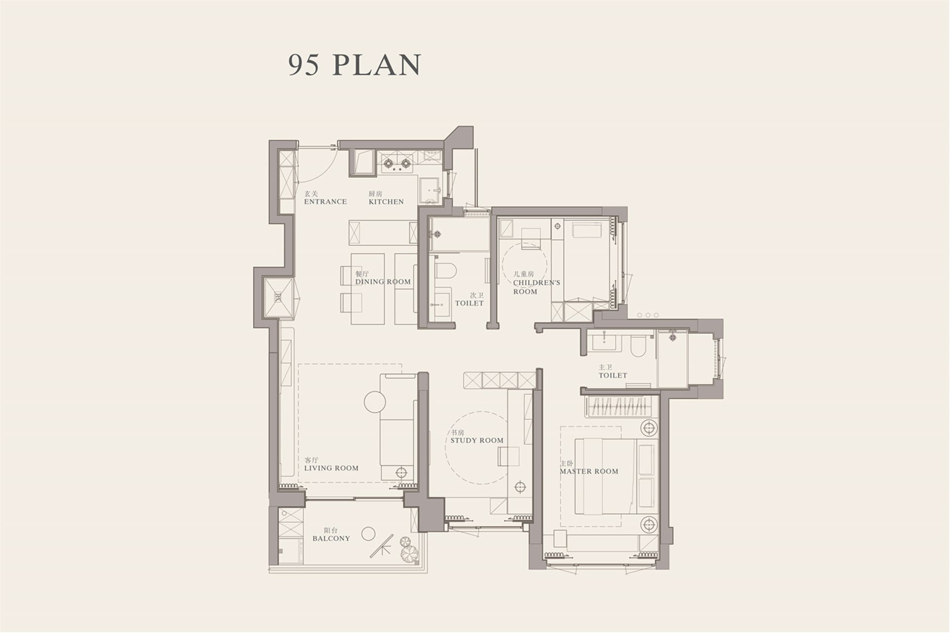Detailed 2D architectural blueprint of a 95 square meter residential space with living room, dining room, kitchen, bathroom, 
