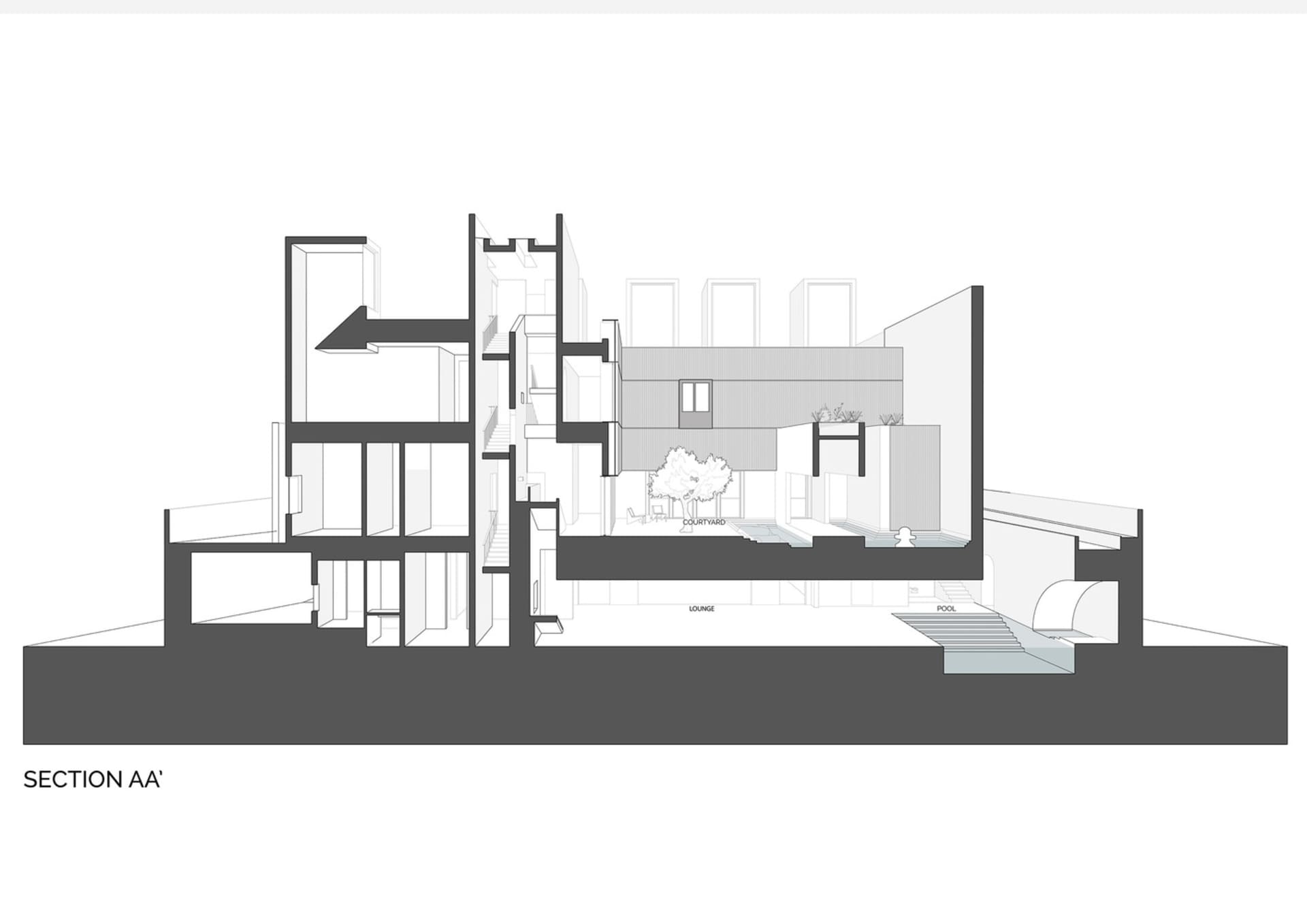 Modern building's architectural cross-section with gray lines on a white background.