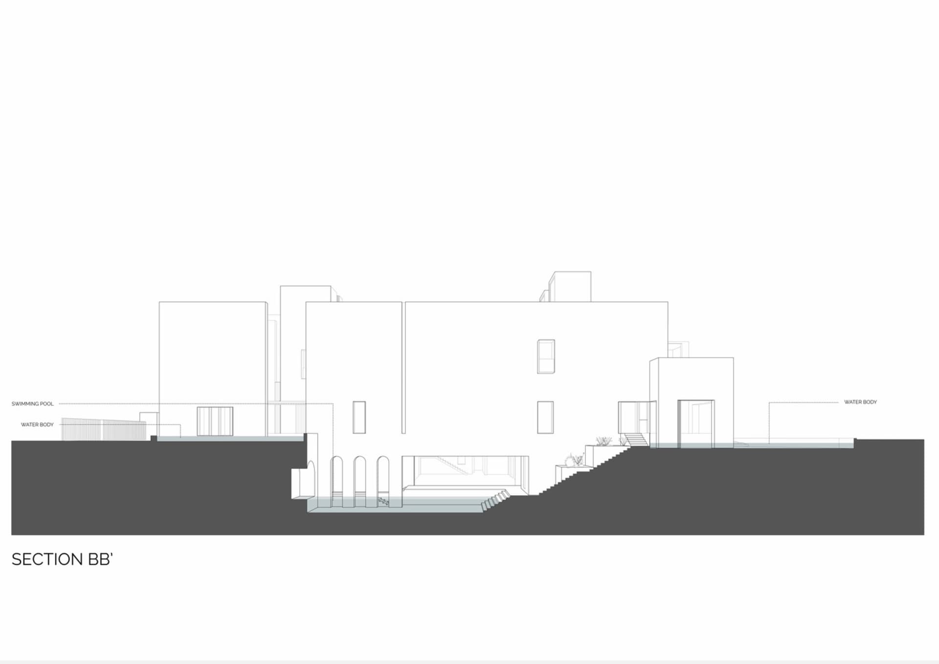 一張現代住宅的詳細建築圖，展現切片混凝土元素。