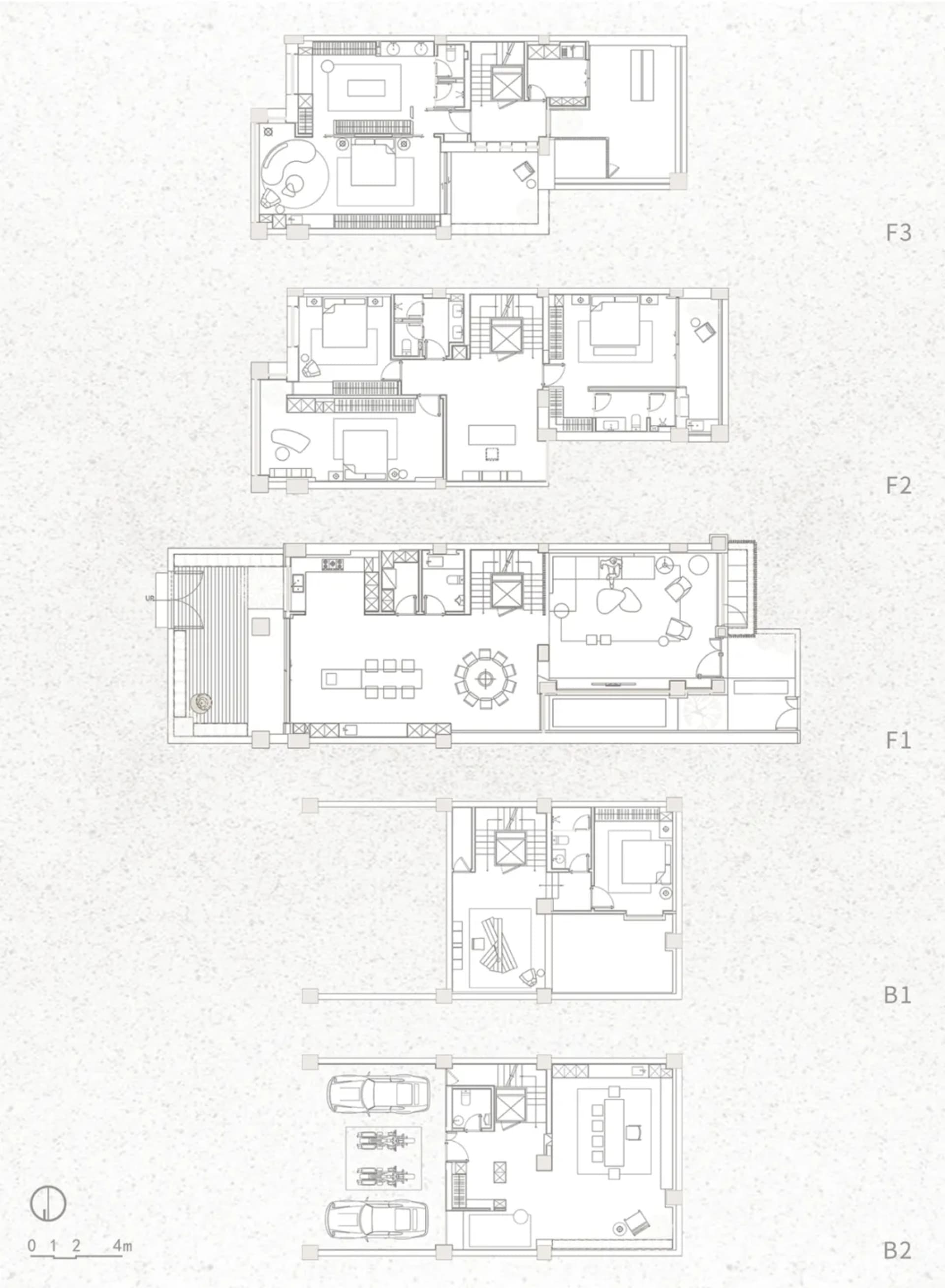 Modern residential floor plan showing living spaces, bedrooms, bathrooms, and kitchen layouts