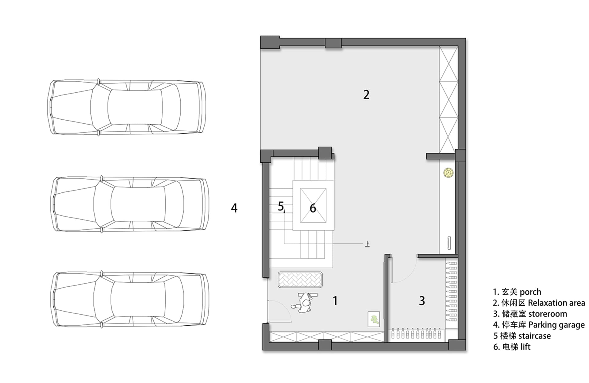 A modern floor plan with a porch, relaxation area, storeroom, parking garage, staircase, and elevator.