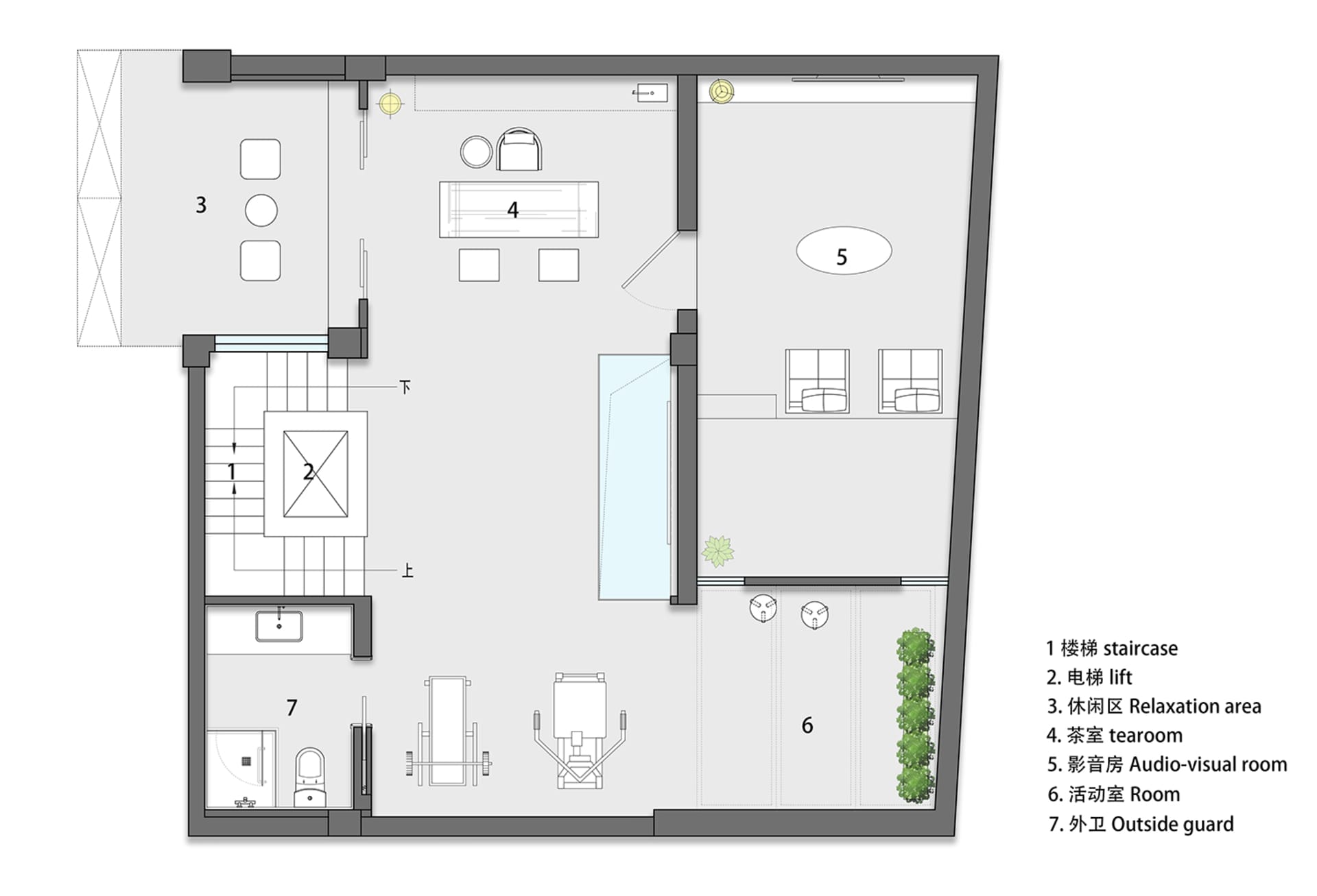 Floor plan of a modern residential building with a staircase, elevator, relaxation area, tearoom, audio-visual room, room, an