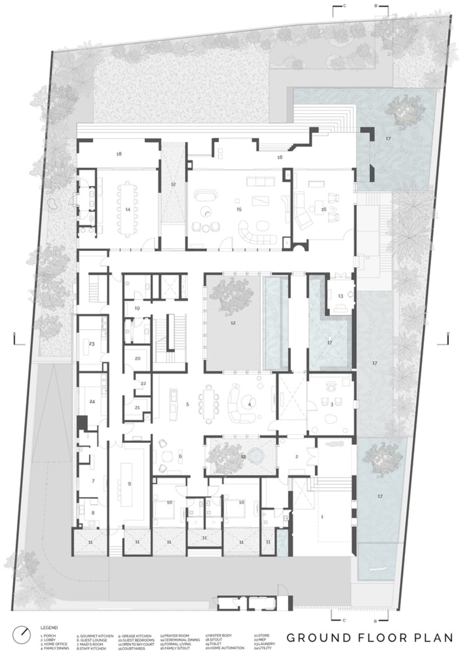 現代住宅平面圖,展示室內外空間、家具配置與房間標示。