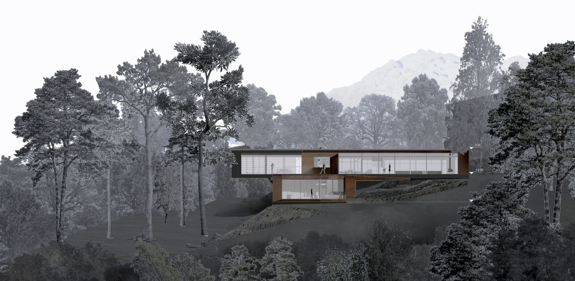 Modern minimalist house with wood frame and glass exterior, surrounded by trees and mountains.