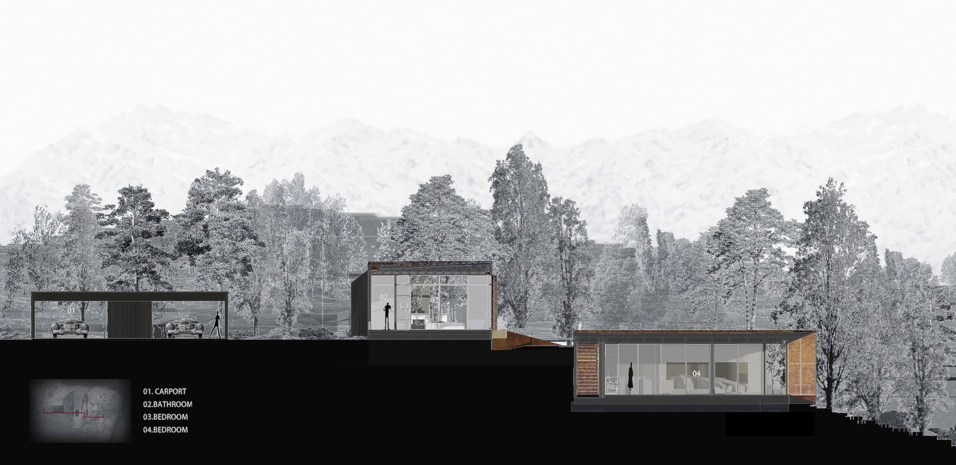 A modern house featuring glass-clad exterior walls, with a carport and bedrooms visible.