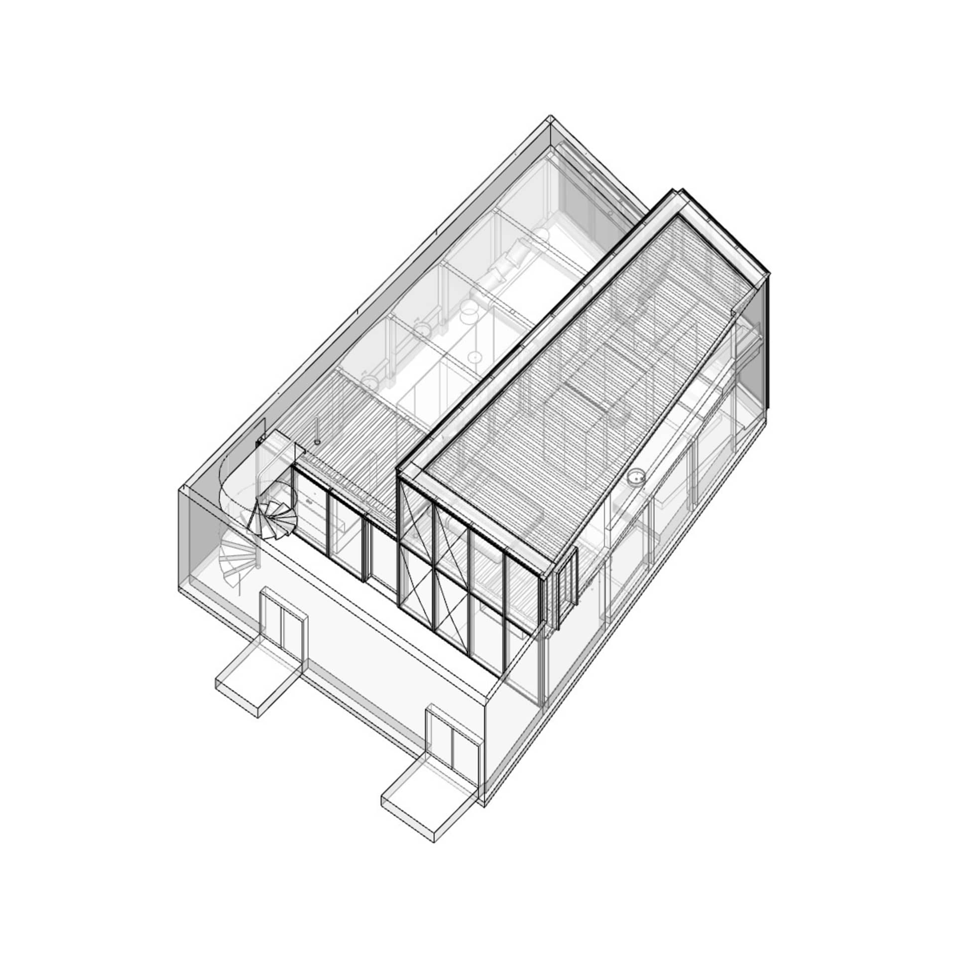 現代極簡建築平面圖,搭配金屬結構元素。