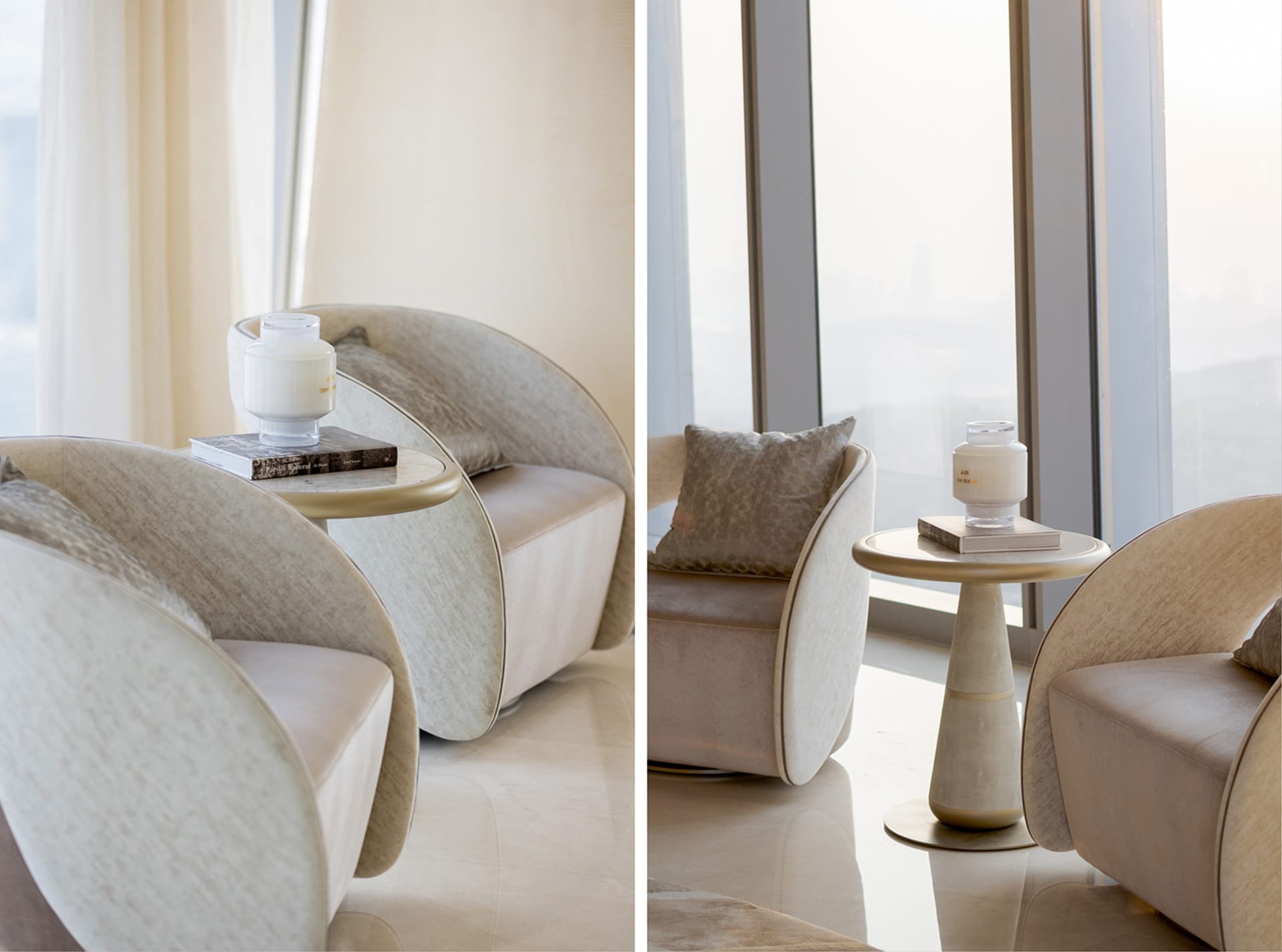 Modern living room with contemporary furniture, fabric upholstery, metal accents, and glass side tables.