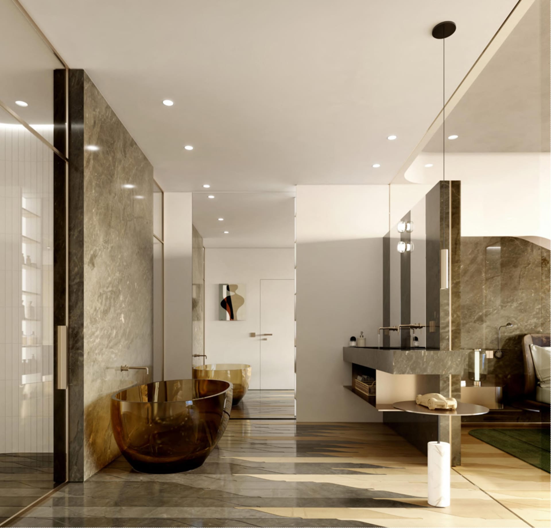 A modern bathroom featuring marble walls and flooring, with a free-standing brown glass tub and a minimalist design.