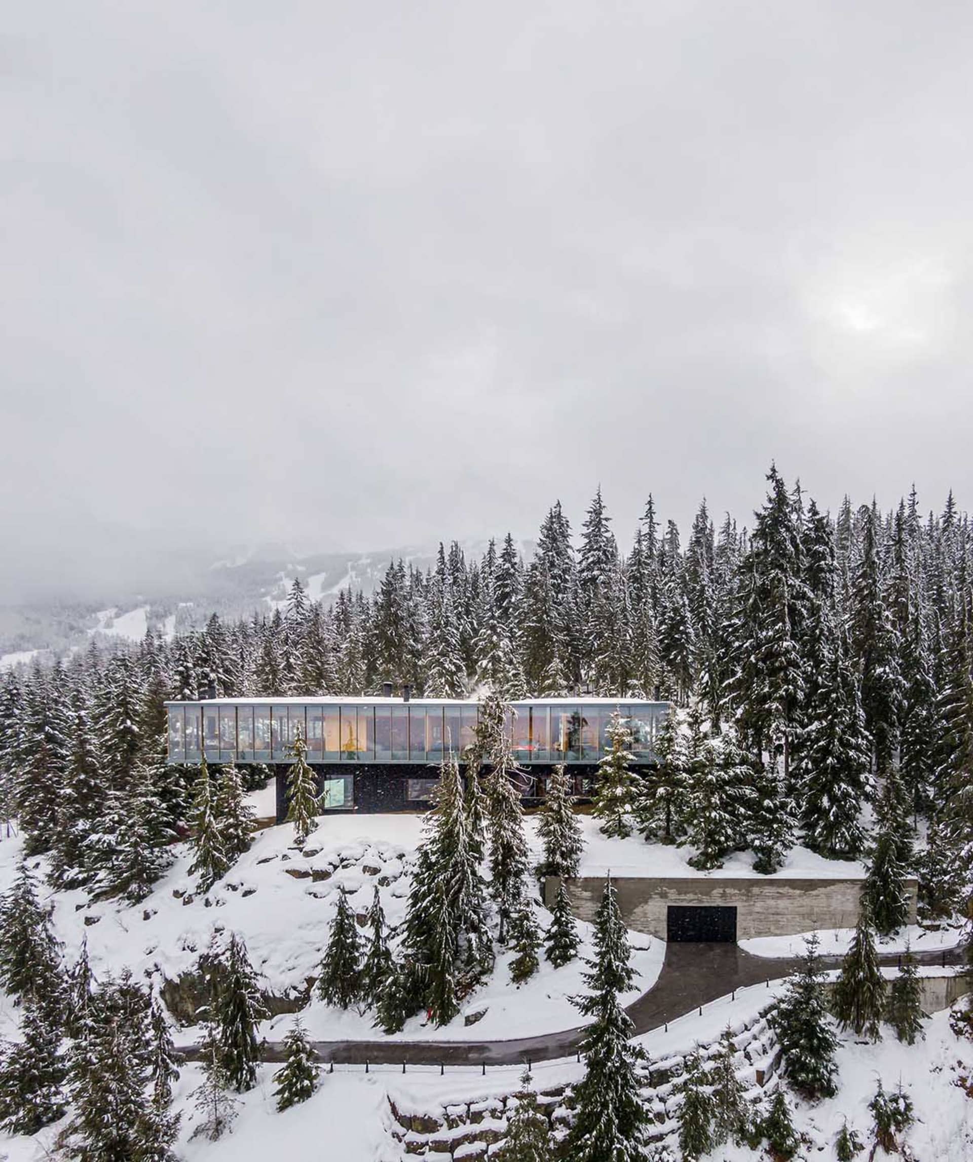 Modern glass lodge on snowy mountainside surrounded by evergreen trees.
