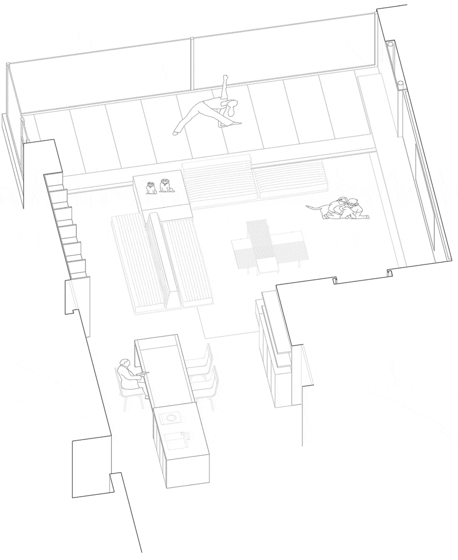 Floor plan of a modern living room designed for multifunctional use, featuring various seating areas, a kitchenette, and a so