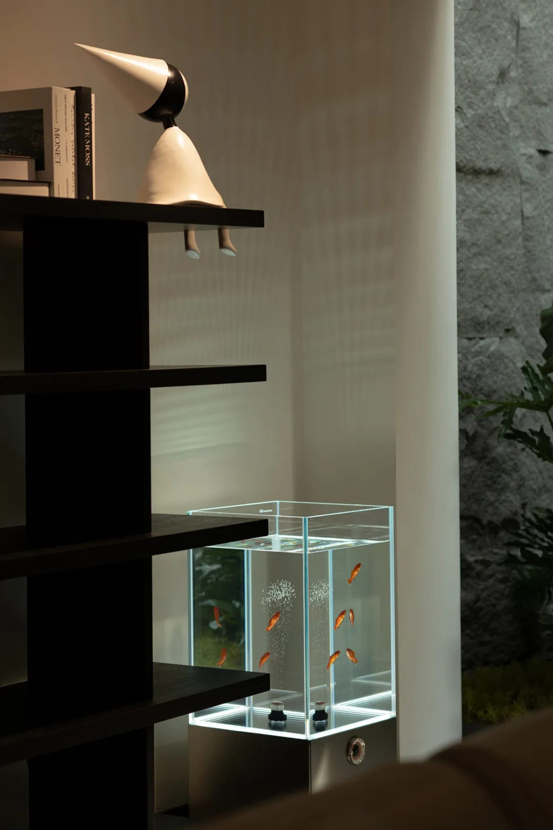 A modern interior featuring a sleek, glass aquarium with fish swimming inside, placed next to a black bookshelf with decorati