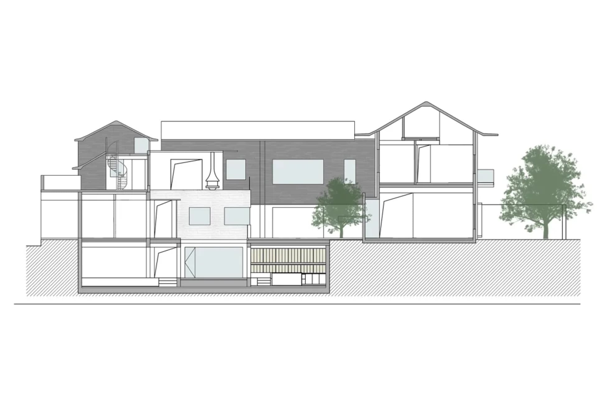 現代住宅剖面圖,展示木質元素、玻璃牆面與混凝土地板。