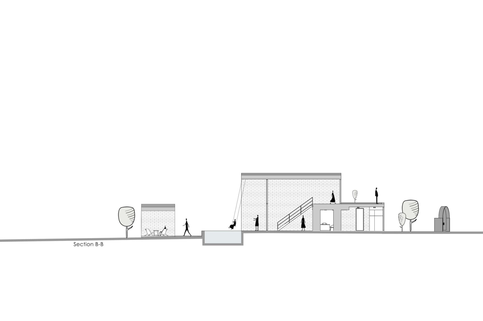 現代室內空間的建築剖面圖，牆面採用磚牆