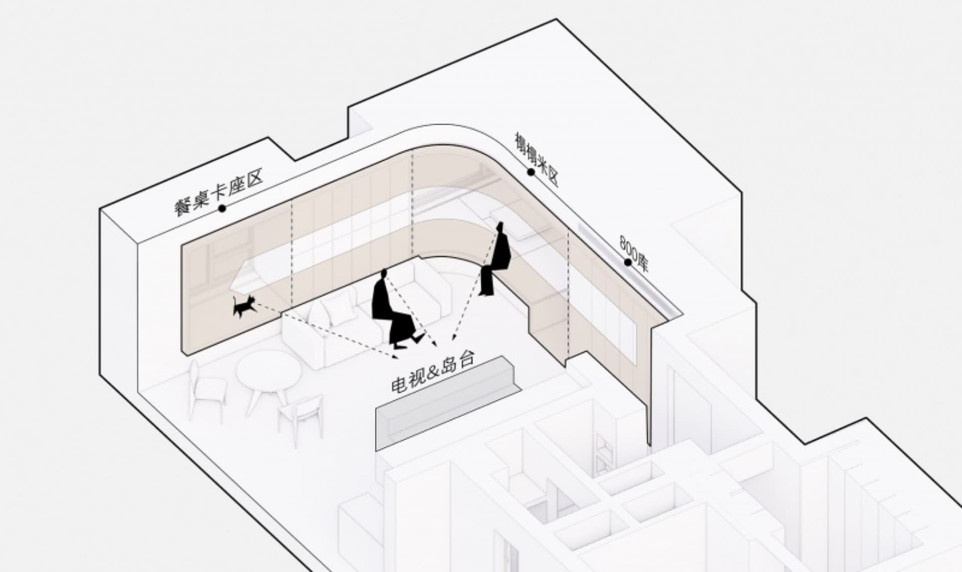 A modern architectural interior design plan with white background, showcasing a clean and minimalist style.