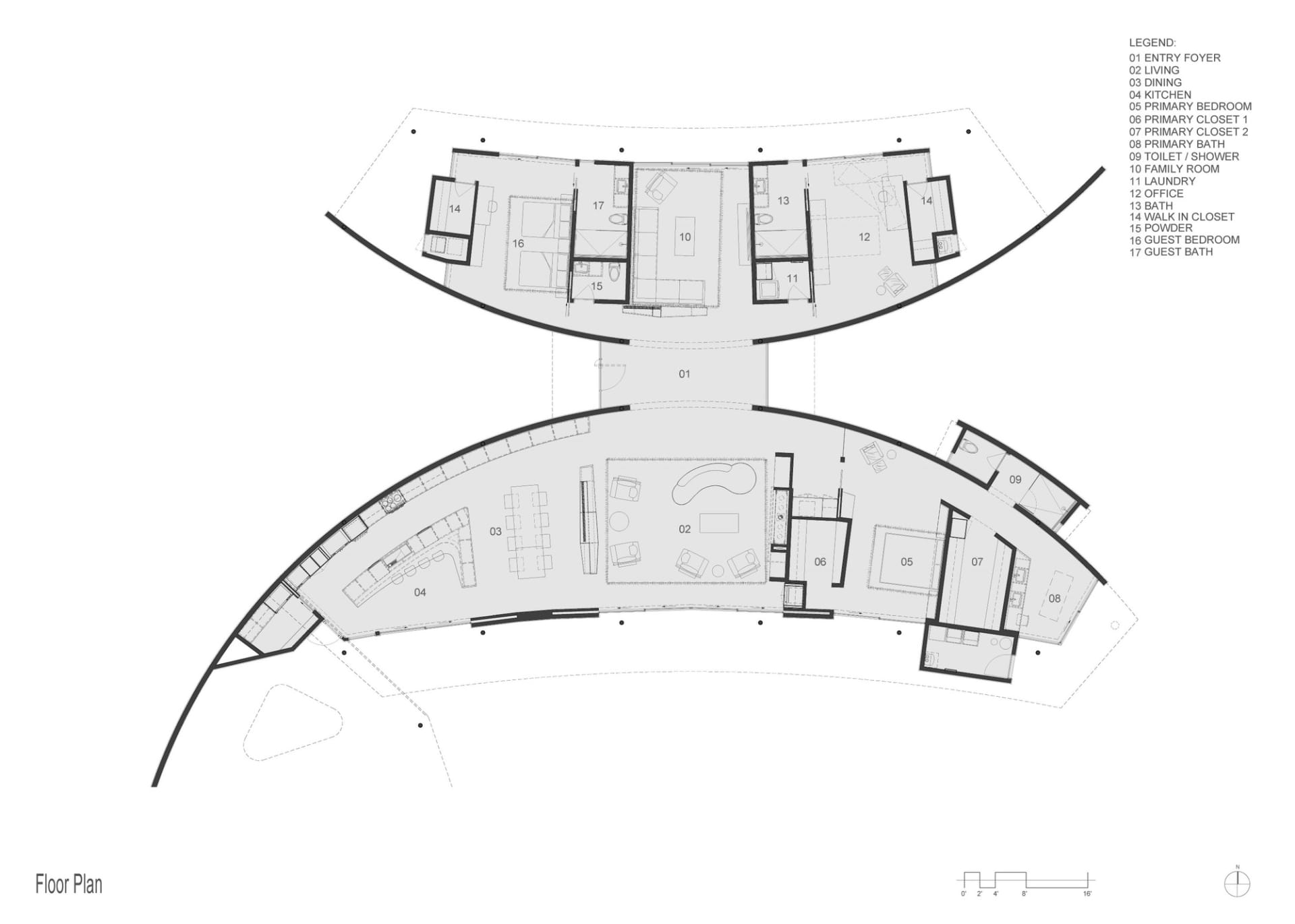 Floor plan of a modern house with white walls and a sleek design.