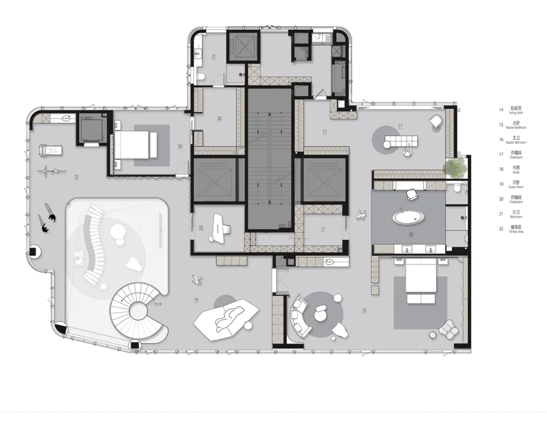A modern residential floor plan showing various rooms and their layout.