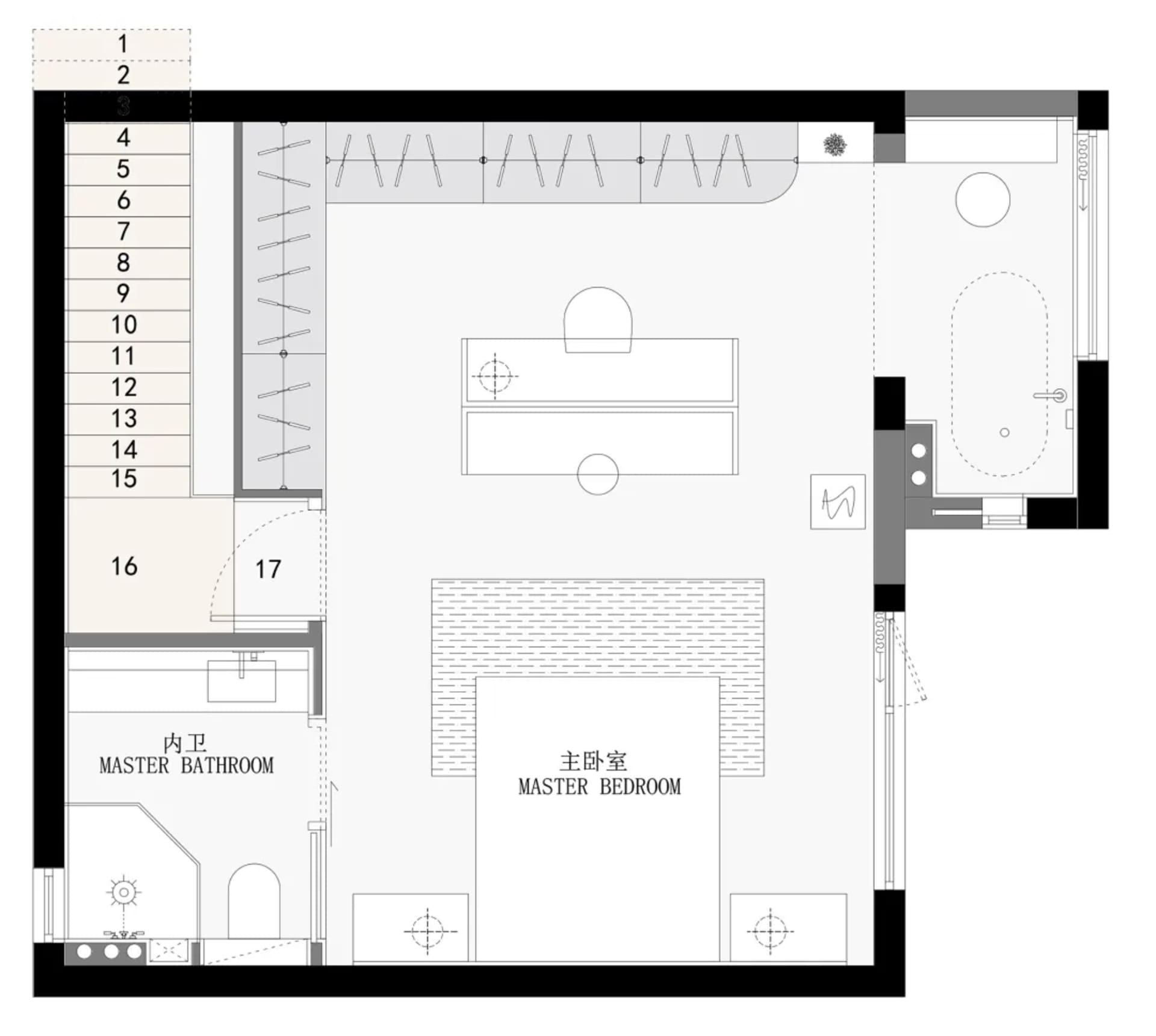 An architectural floor plan of a modern bedroom showing furniture placement, dimensions, and spatial composition.