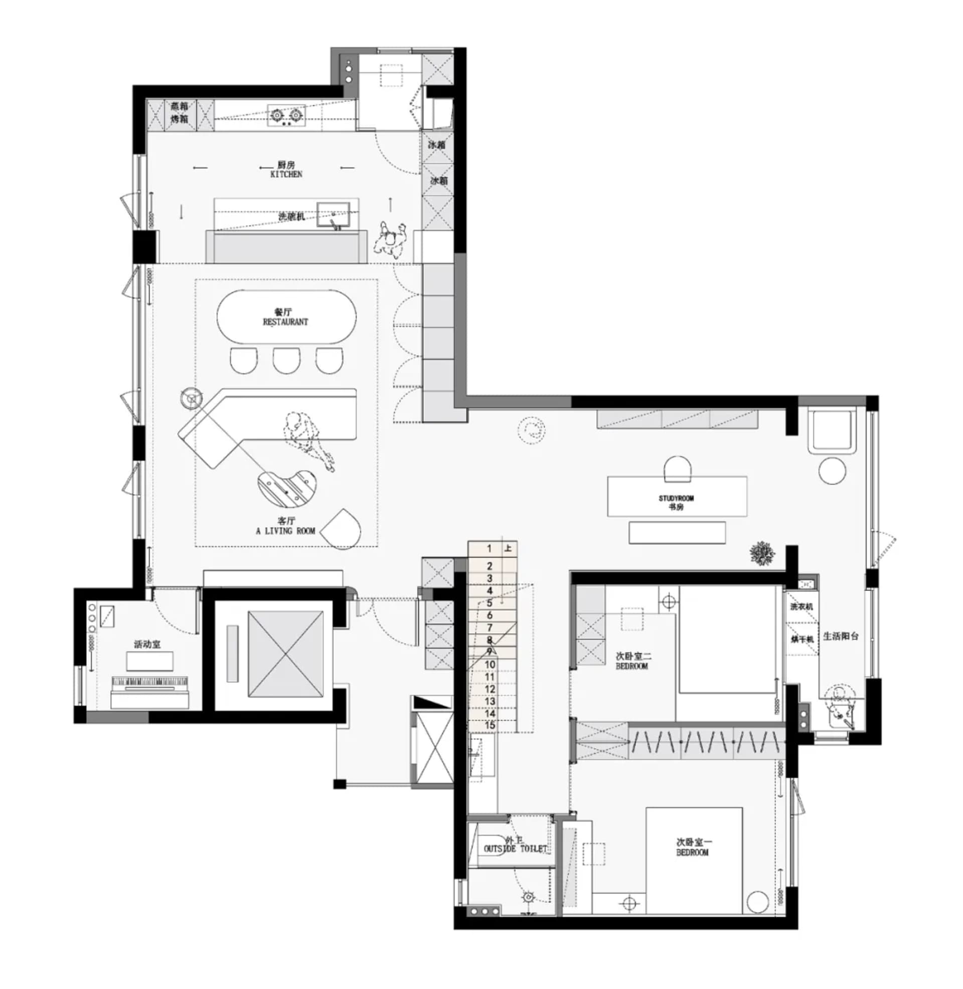 Modern urban living space floor plan in minimalist design