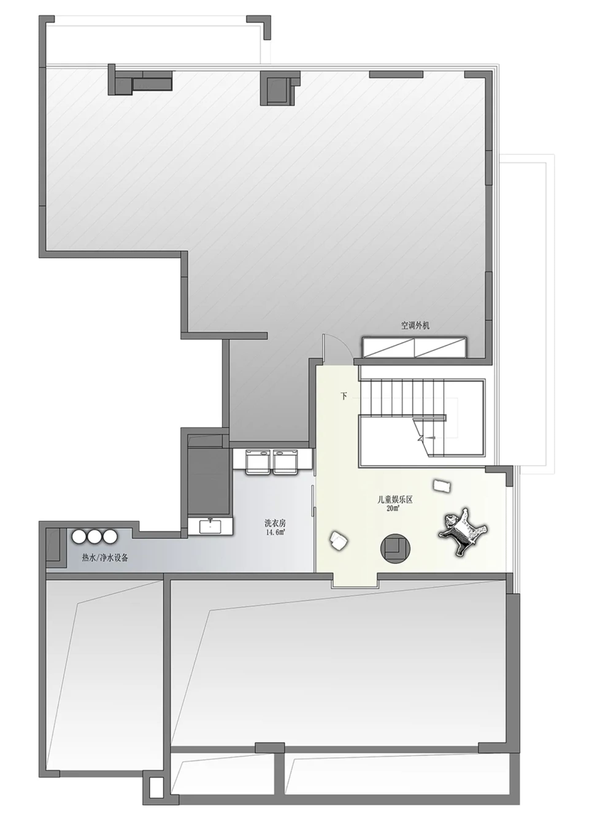 A detailed floor plan of a modern apartment showing the layout of rooms and spaces.