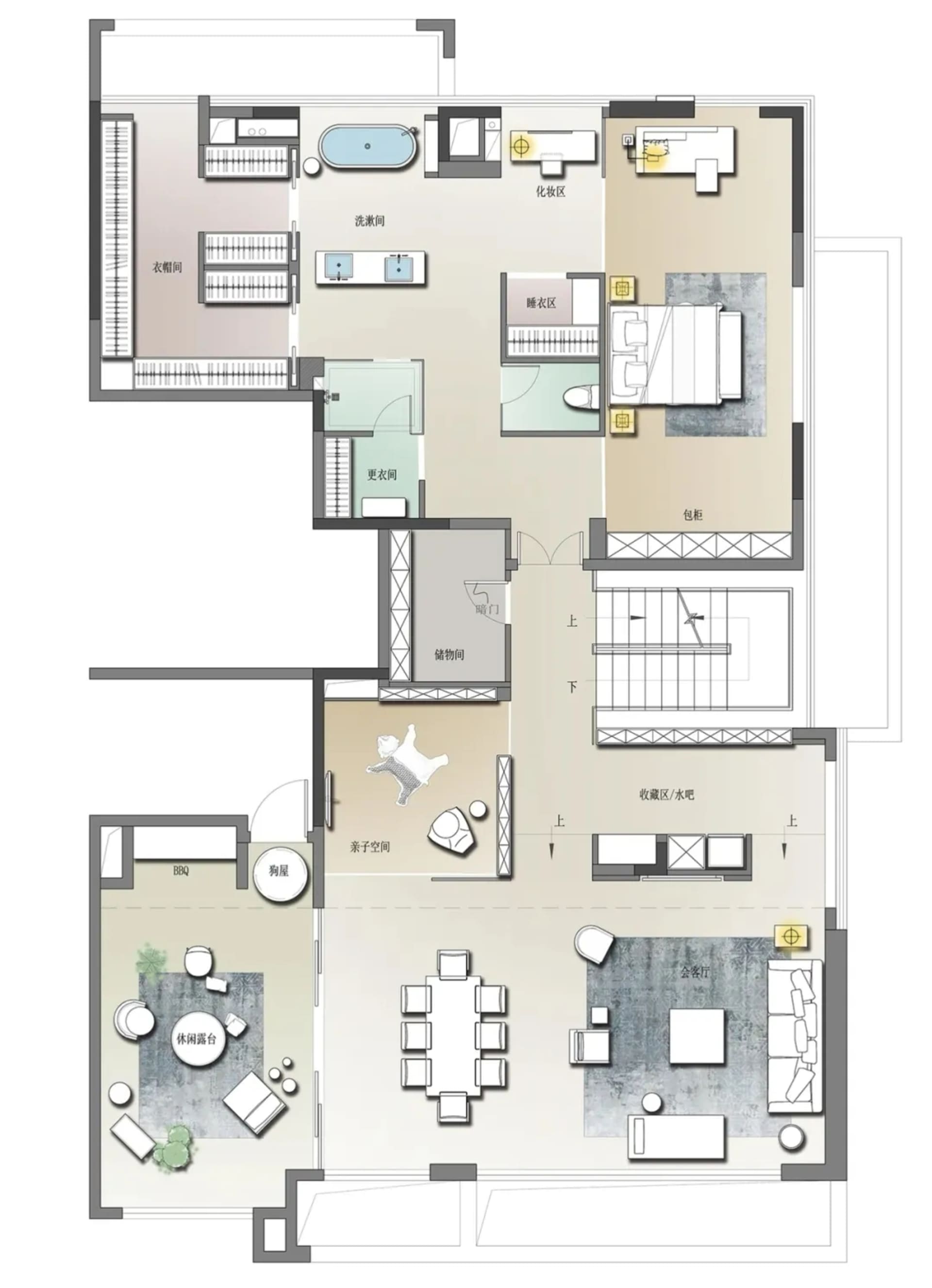 Floor plan of a modern family home showcasing various living spaces and functional zones.