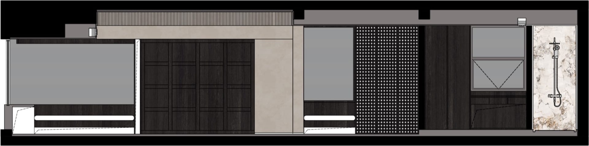 Modern interior design featuring wood cabinets, tiled flooring, and glass walls.