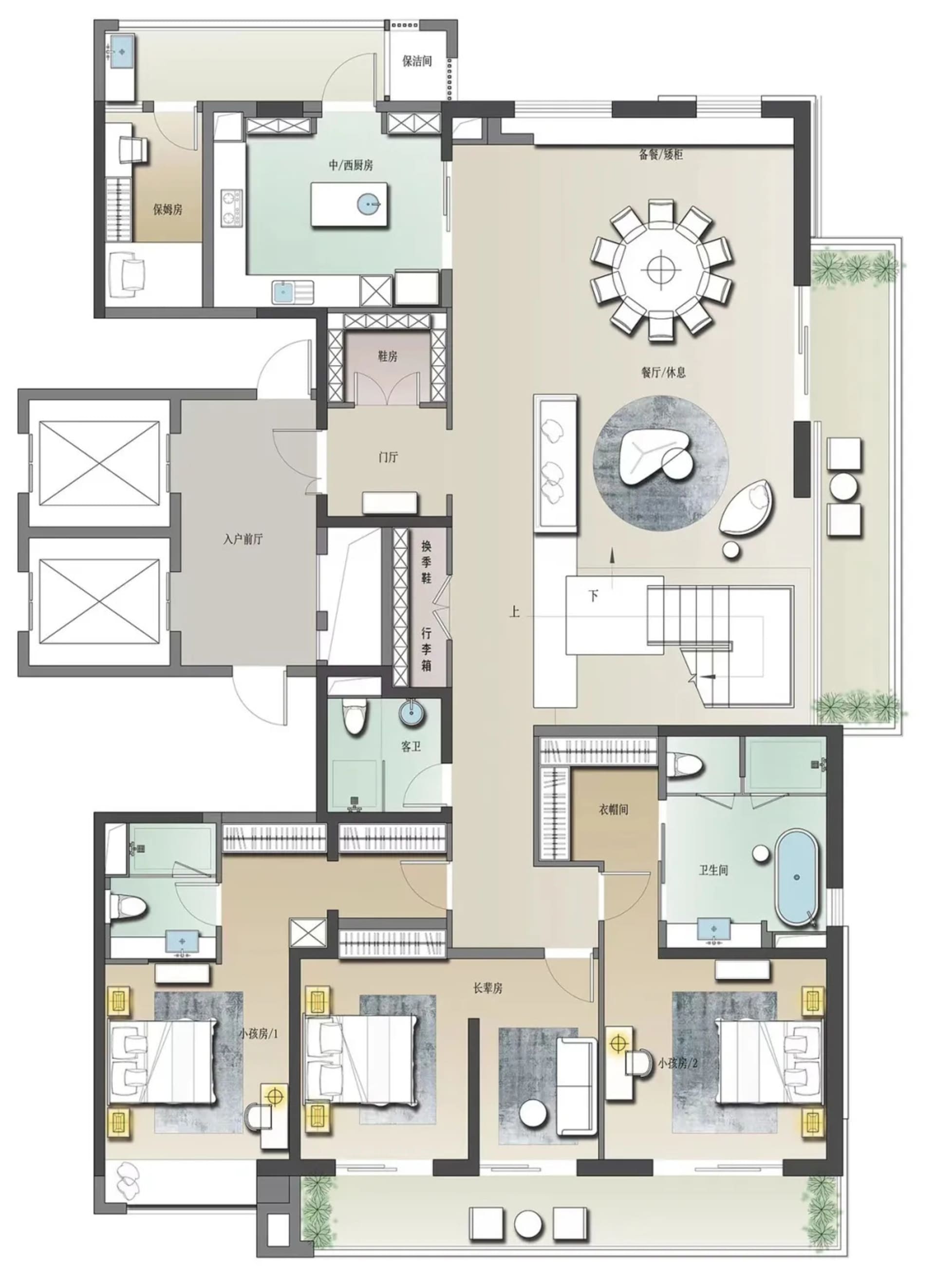 Modern residential floor plan featuring various rooms and spaces