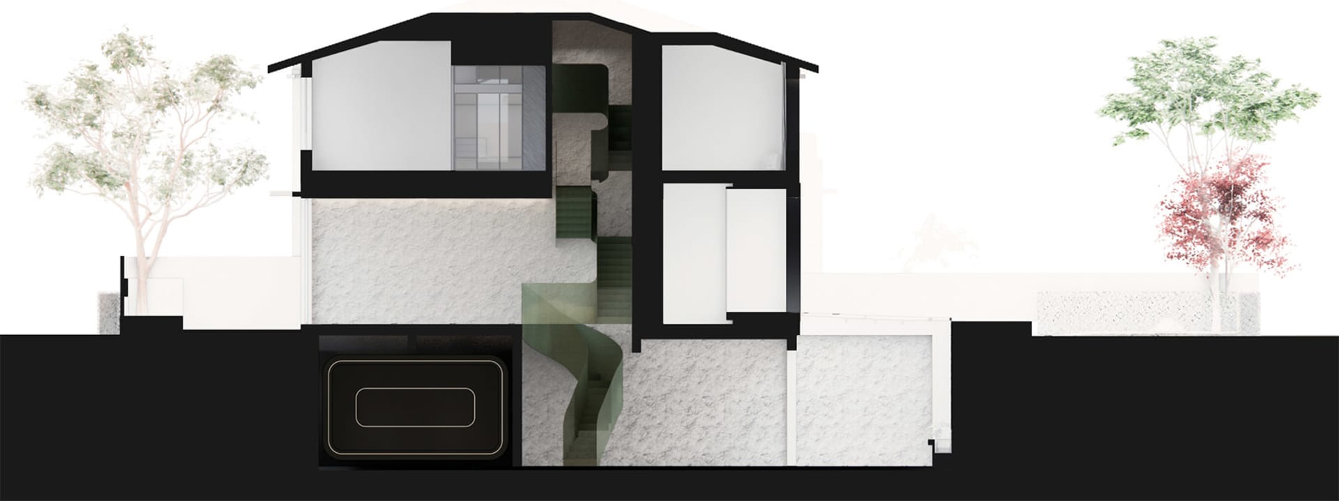 A modern architectural floor plan featuring a glass window, showing the interior layout and design elements.