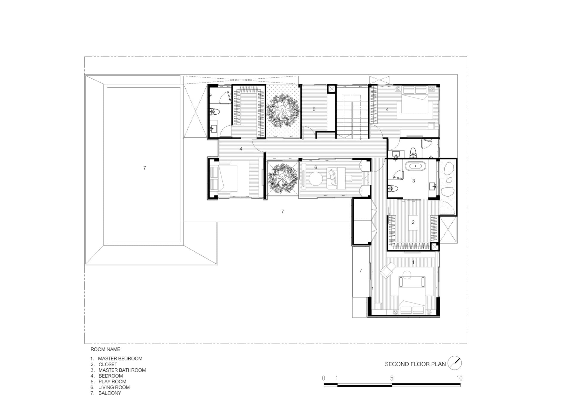 Modern architectural floor plan diagram showing various rooms and spaces.