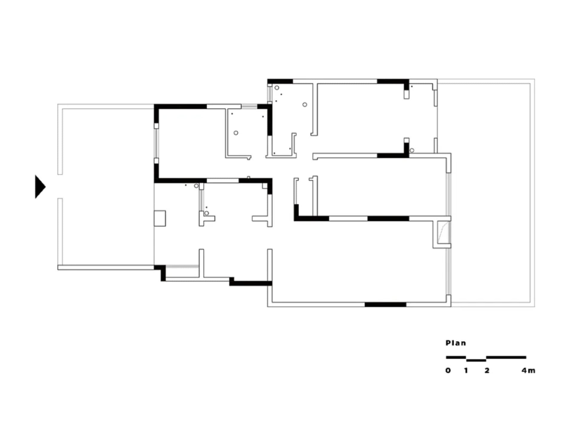 一張黑白建築平面圖,呈現現代室內設計配置。
