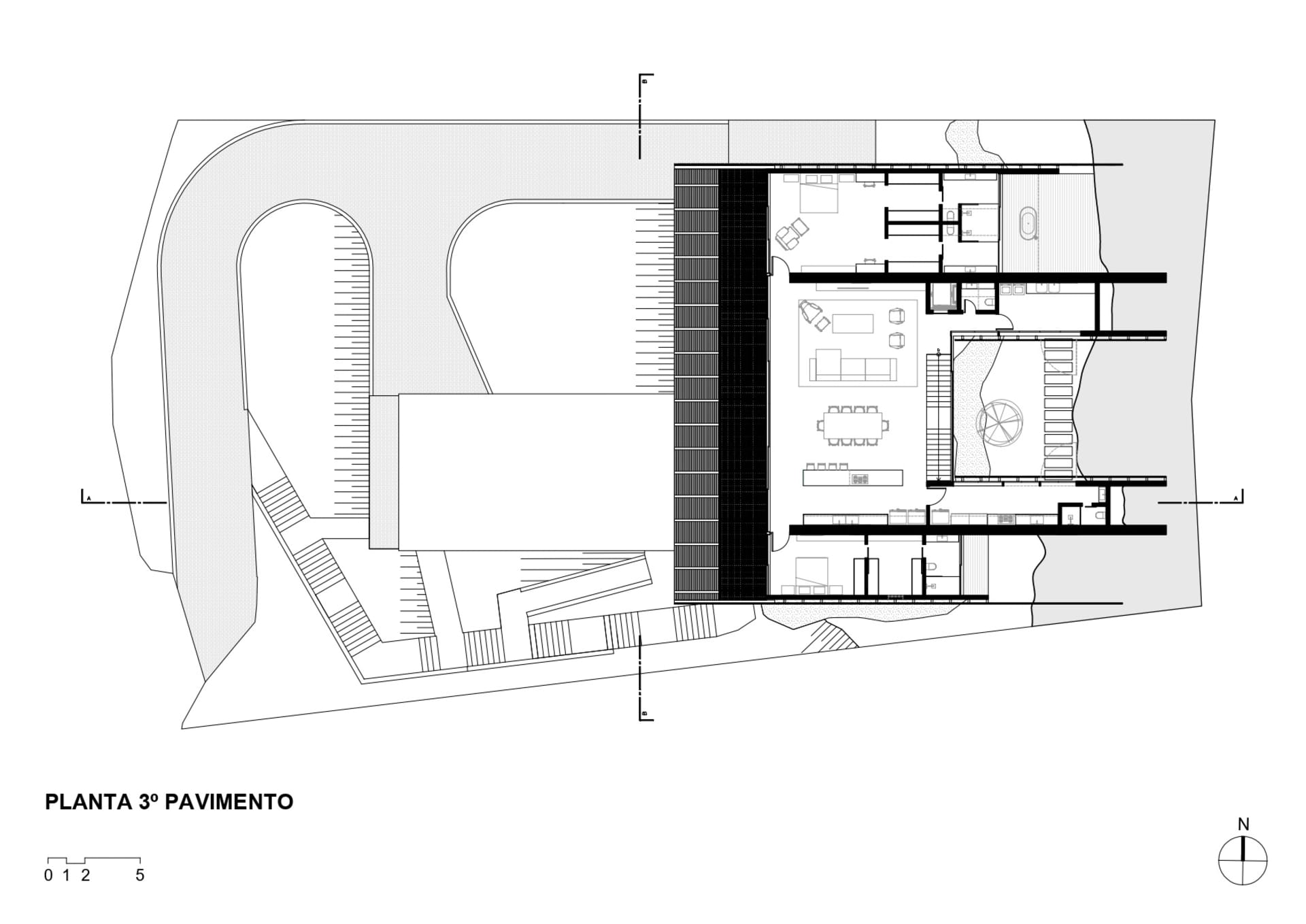 Third floor architectural plan of a residential building with a focus on concrete materials.