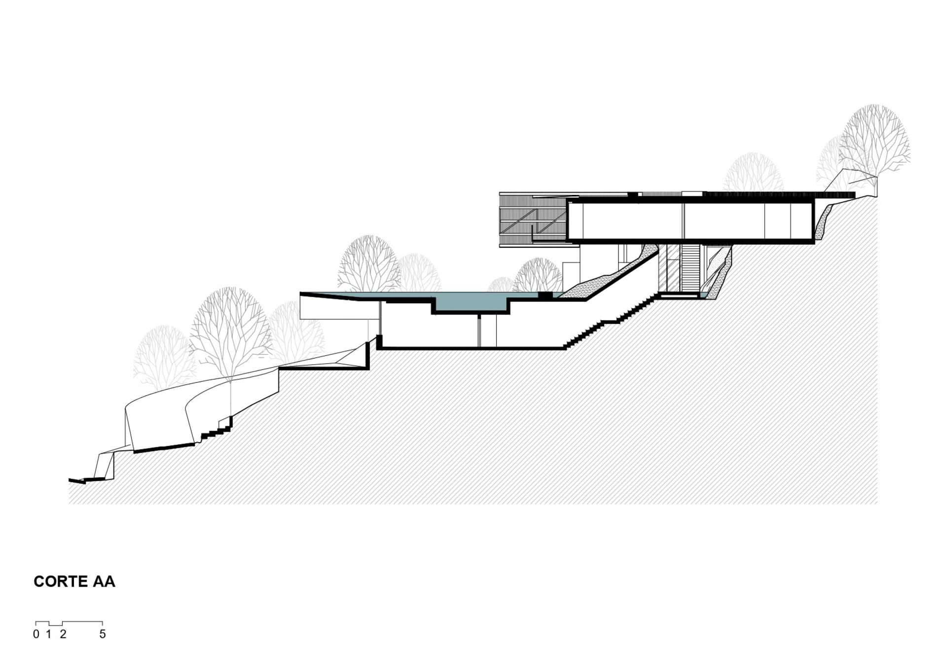 An architectural drawing of a modern hillside residence featuring steel, concrete, and glass materials.