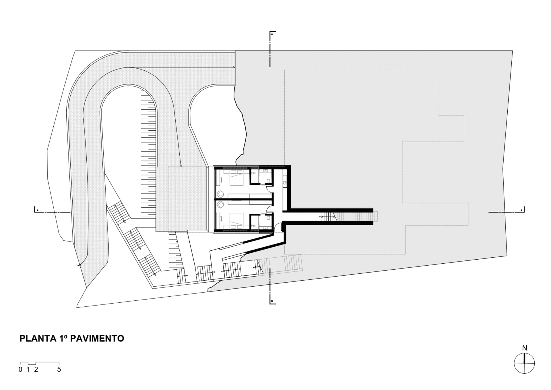 A technical drawing of a modern house's first floor plan showing rooms and spatial layout.