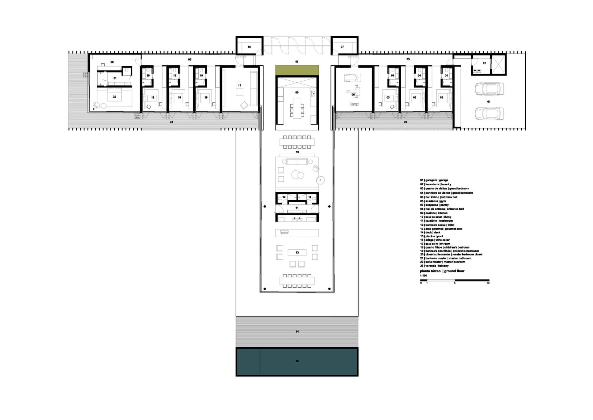 Floor plan of a modern house showing architectural layout and room design details.