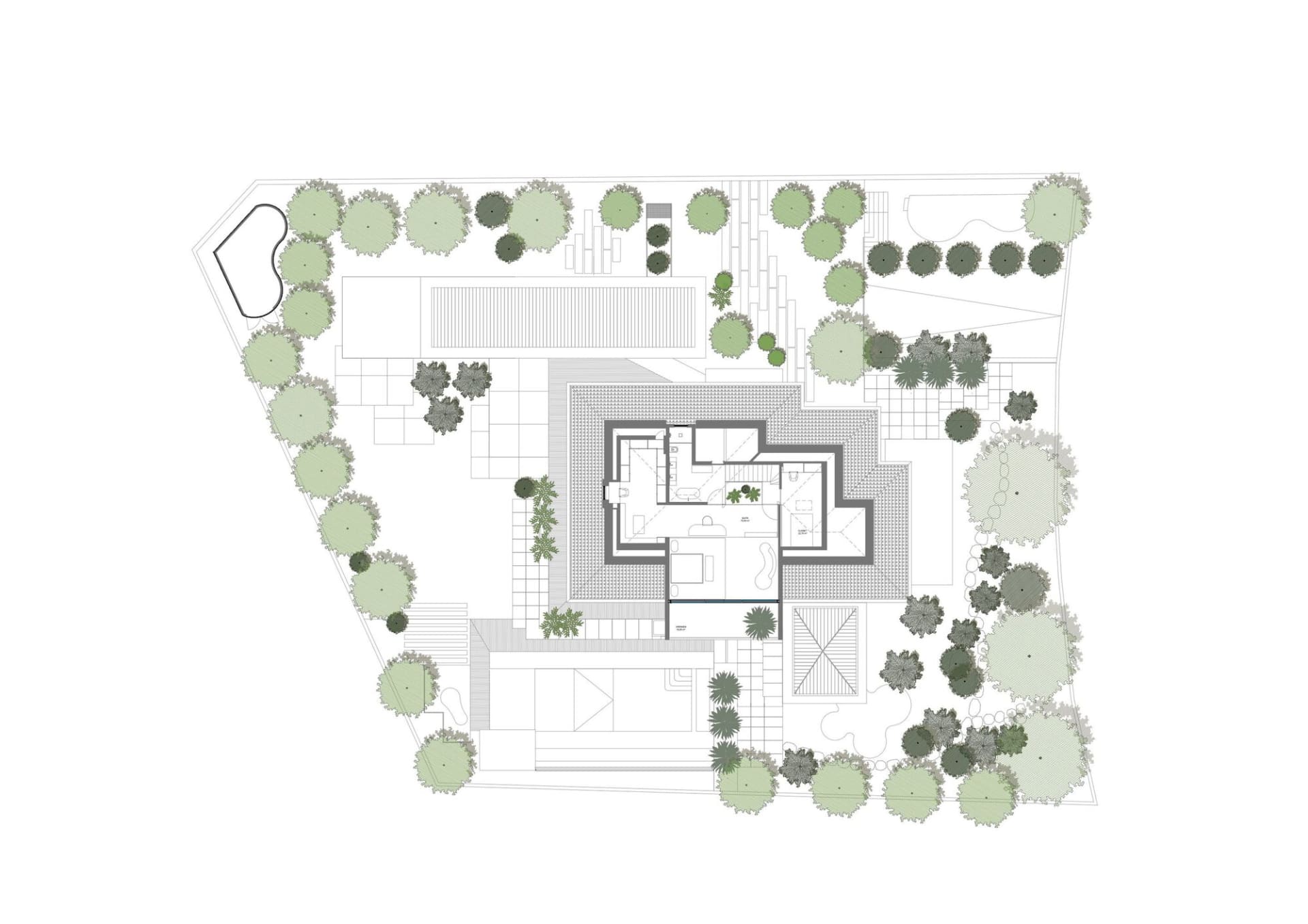 Floor plan of a residential building with modern architectural features such as concrete, glass, plants, and wood.