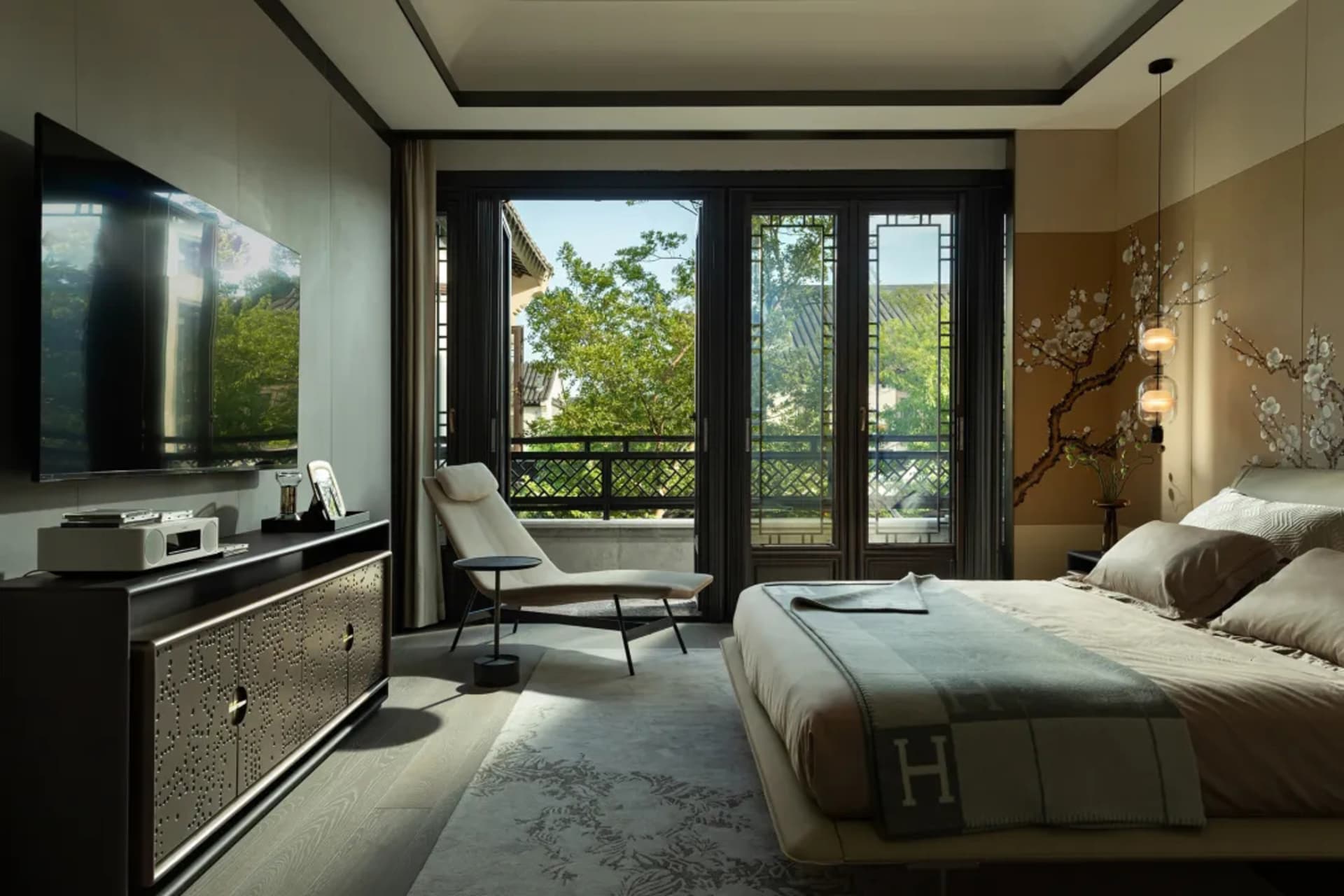 Modern bedroom featuring contemporary furniture and design elements.
