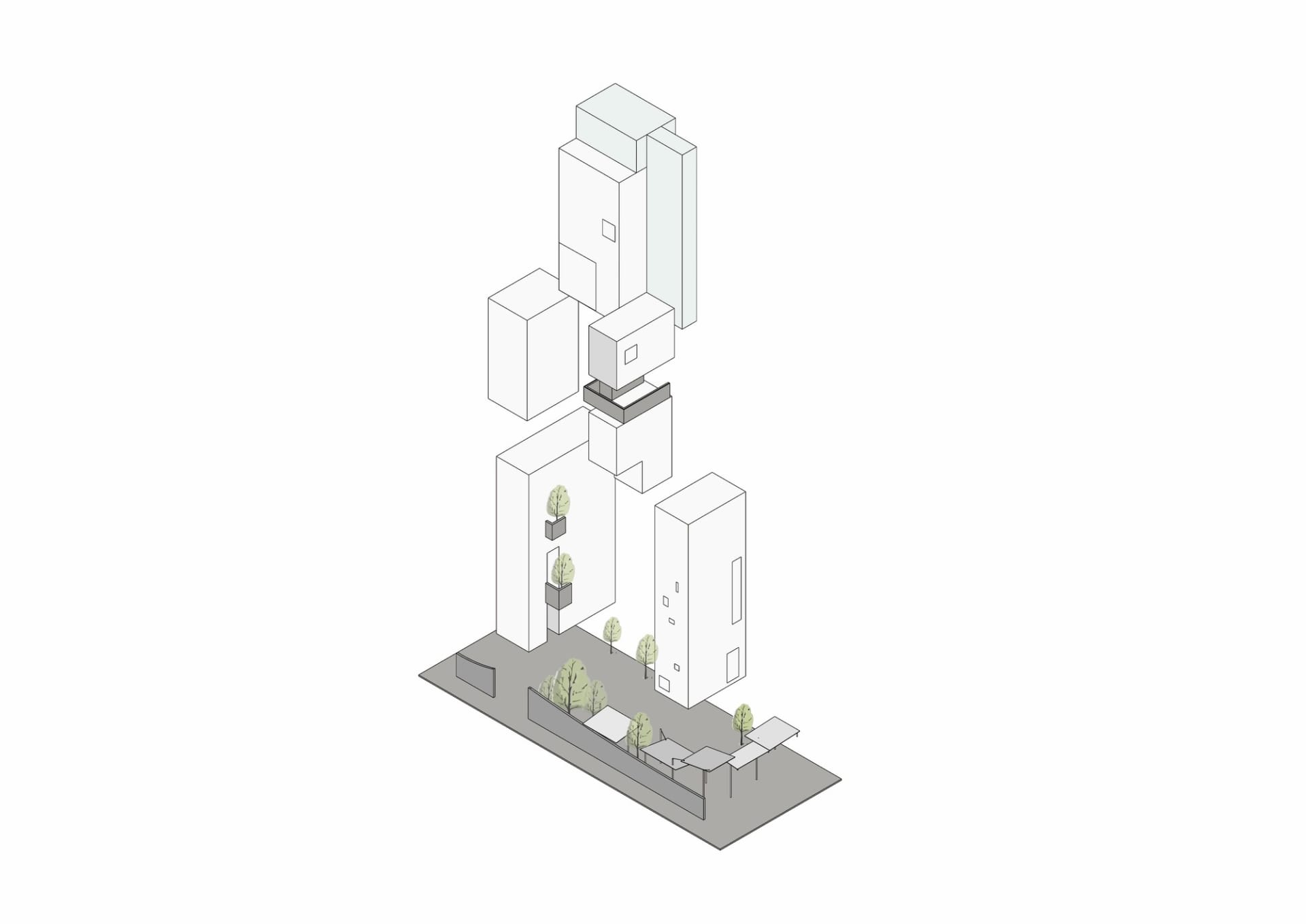 A rendered architectural space with white structures and green trees.