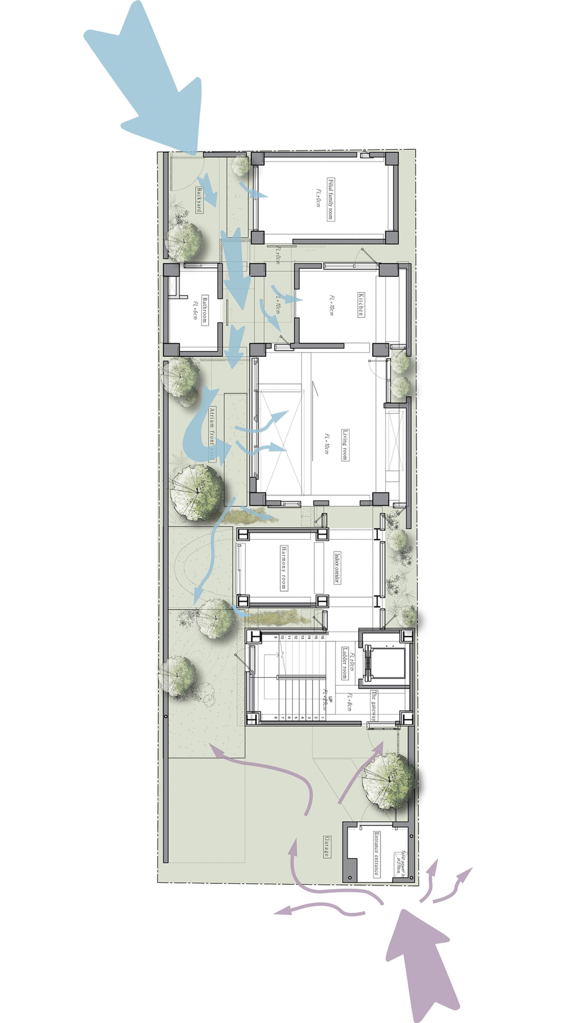 極簡風格的建築平面圖,標示各房間、窗戶與門的位置。