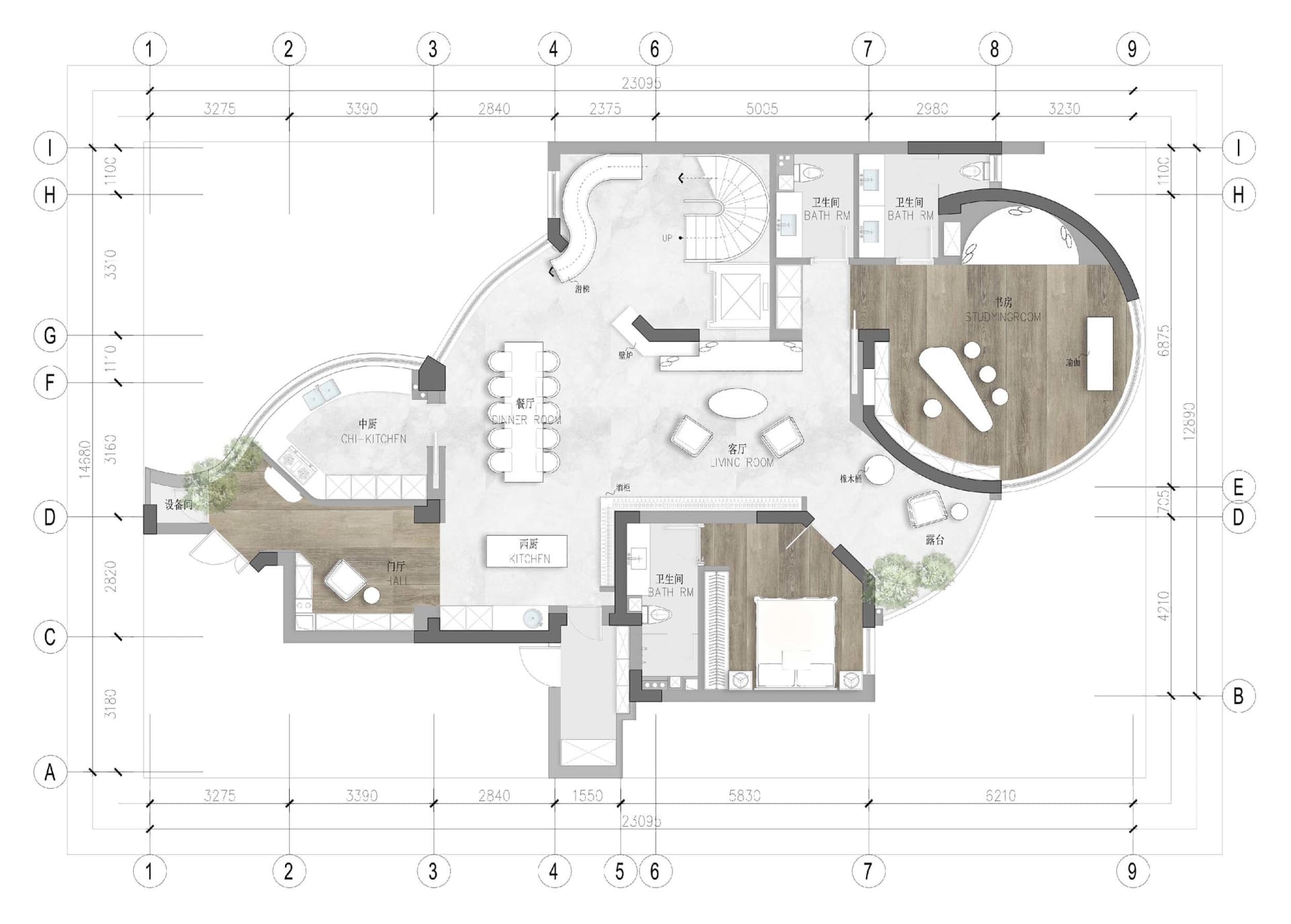 Modern residential interior space with living room, kitchen, bedrooms, and bathrooms detailed in floor plan layout.
