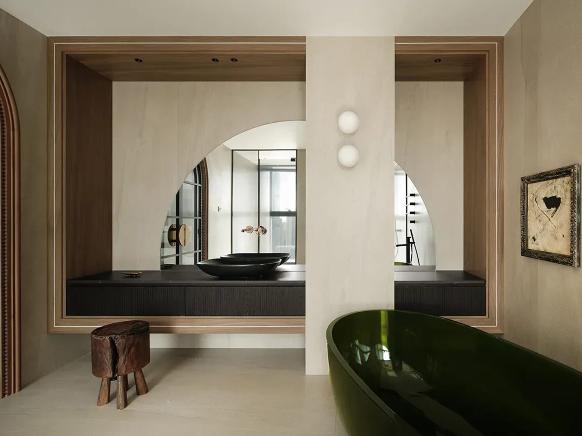 Modern bathroom featuring dual-toned wood vanity with two black sinks